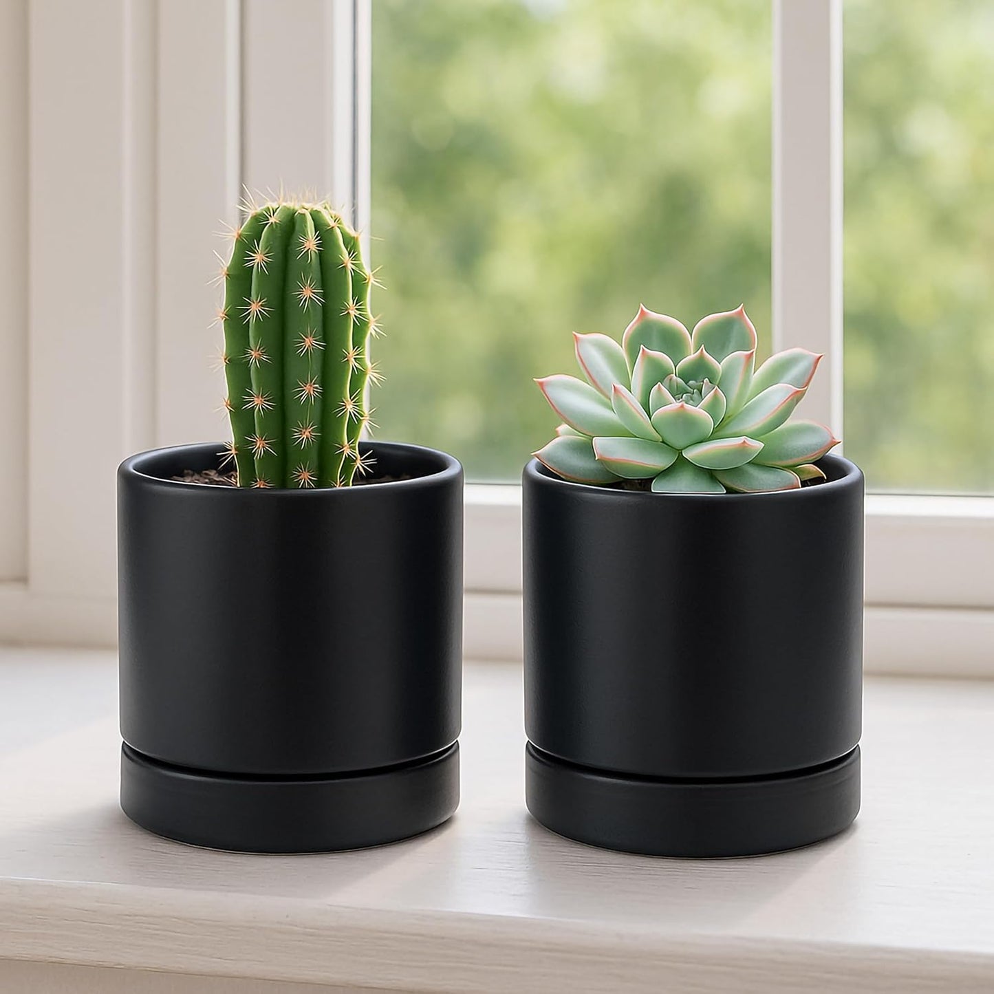 D'vine Dev Set of 4 Small Ceramic Plant Pots, 4.7 Inch Succulent Planter Pot for Plants with Drainage Hole and Saucer, Black, 94-X-B-2