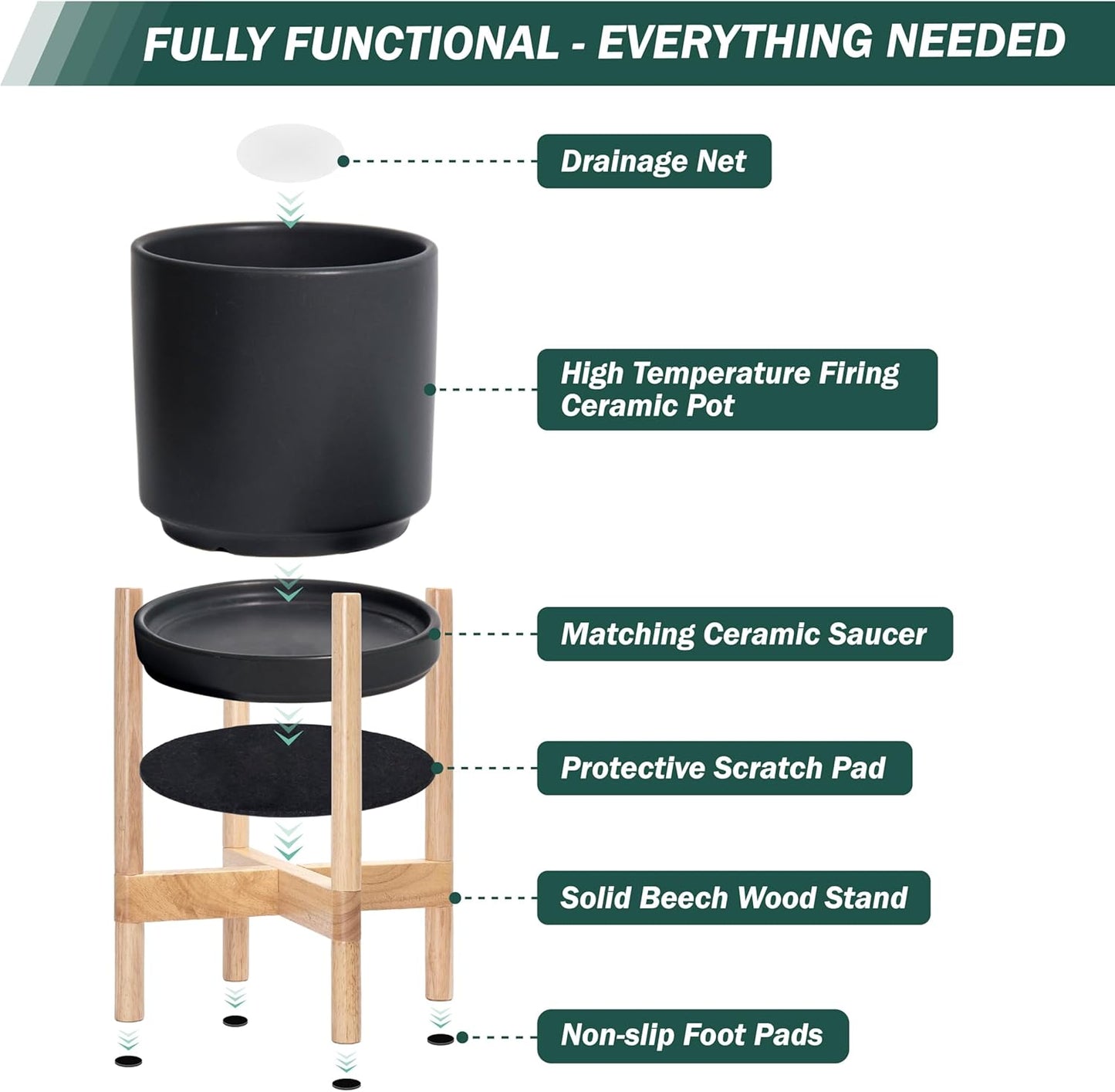 D'vine Dev Ceramic Planter with Natural Stand - 10 Inch Modern Round Flower Pot with Wood Planter Holder, Black, 55-B-K-2