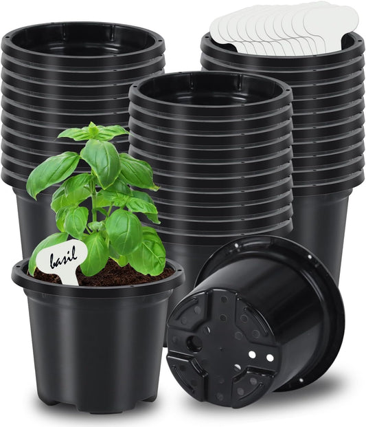 30 Pack Black Nursery Pots for Plants, 3.5 Inch Sturdy Plastic Seedling Plant Pot with Drainage Holes, Indoor Outdoor Garden Seed Starter with 30 Plant Labels