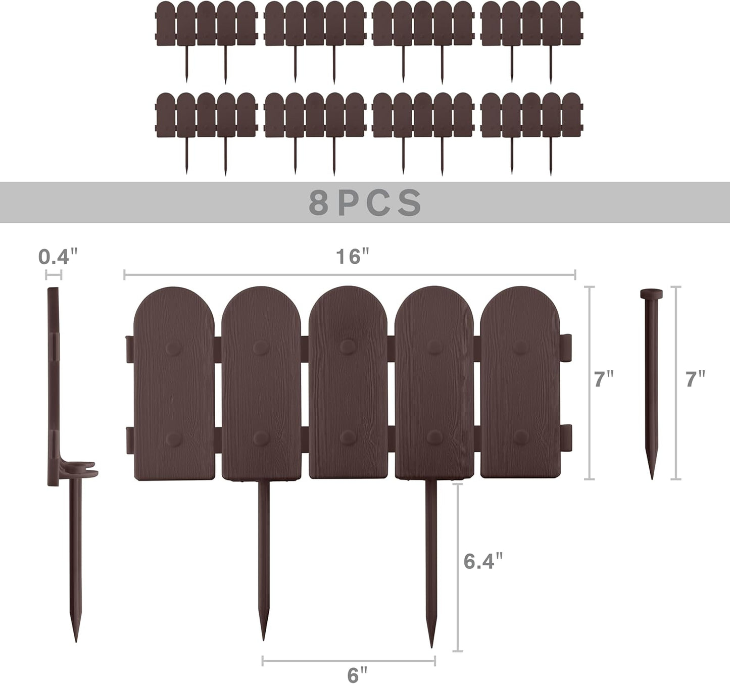 Evelyne Garden Border Plastic Edging: Wooden Fence Design - 8pcs Brown Yard Landscaping Fence Liner Lawn Edge Barrier - 10ft Kit of Decorative Lawn Panels Elements -Landscaping Edging-GMT-10374-A08