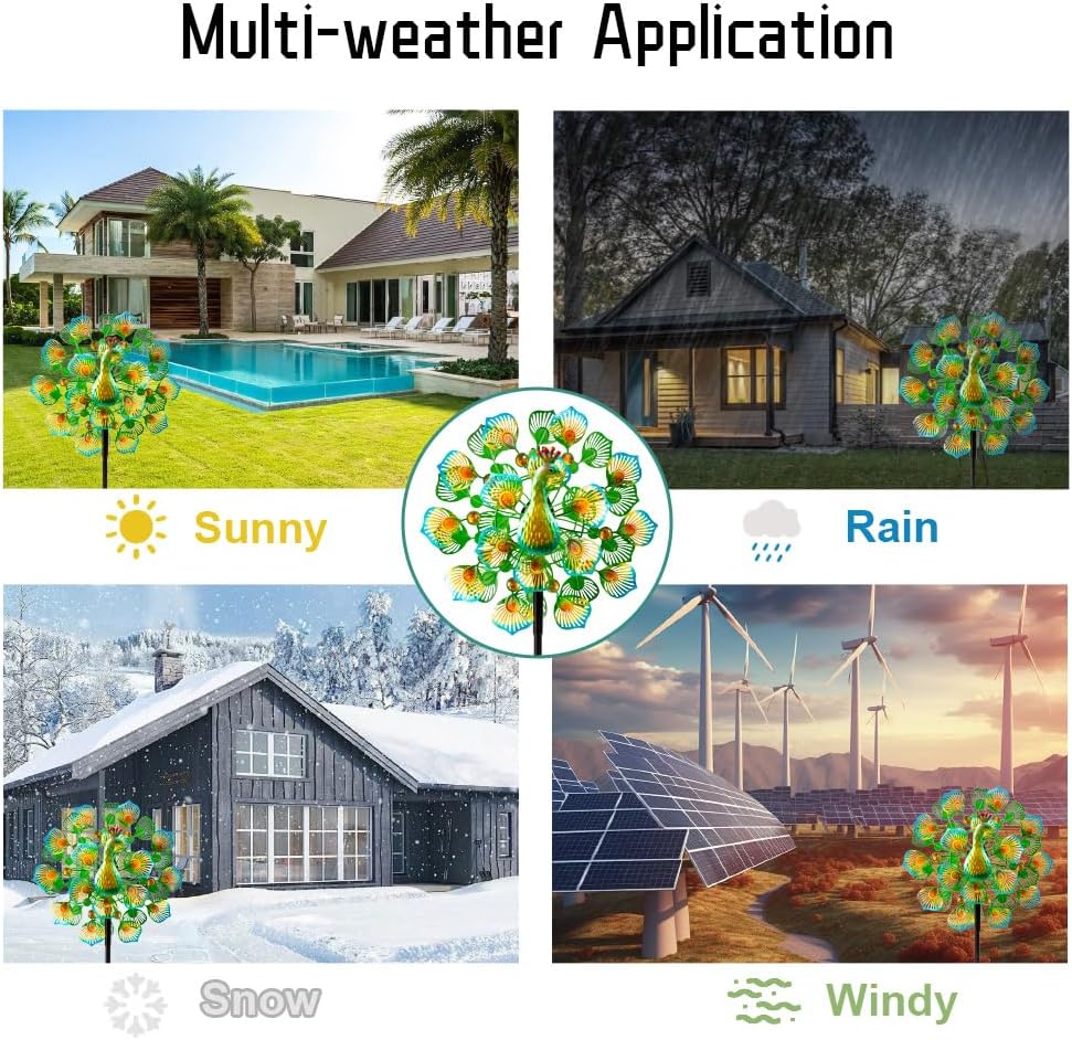 Peacock Wind Spinners Outdoor,13” Metal Wind Spinner Garden Pinwheels,360°Peacock Wind Sculptures & Spinners,Kinetic Wind Spinners for Yard and Garden(13.8”W X 64.2”H)