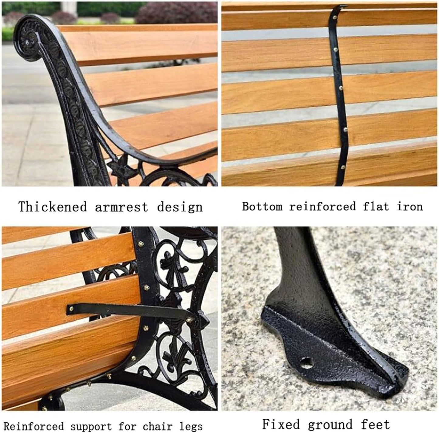 Outdoor Bench, Porch Bench, Garden Park Bench, Cast Aluminum Preservative Wood Bench with Backrest and Armrests for 2-3 People Porch/Deck/Patio Furniture(Teak+Antique Bronze Legs,125CM)
