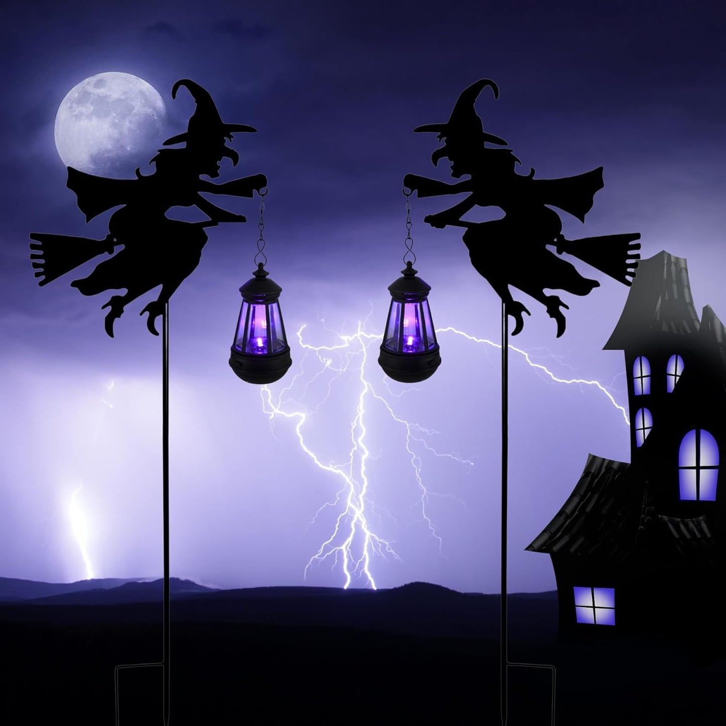 Halloween Witches Outdoor Solar Lanterns 2 Pack - Halloween Decorations Outdoor Witch Statue, Solar Garden Stakes, Metal Yard Decor, Whimsical Decor for Patio (Purple Light)