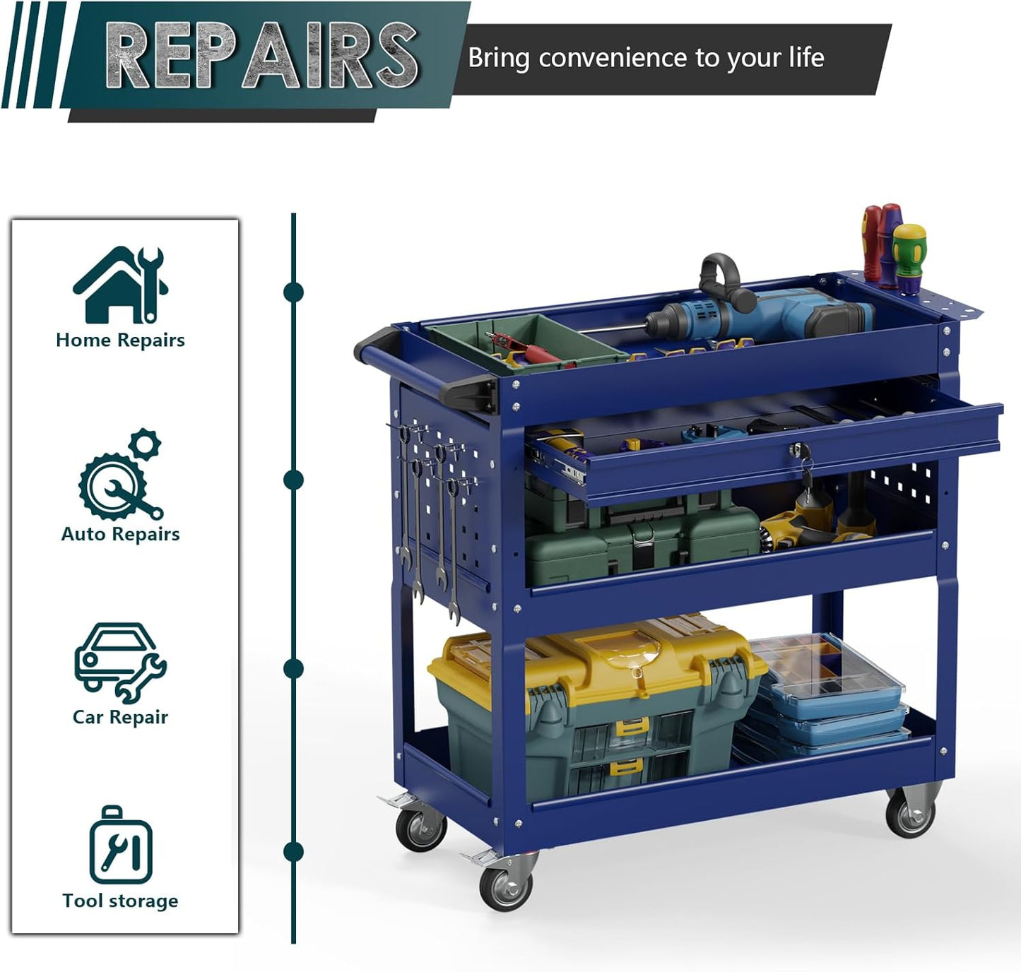 3 Tier Rolling Tool Cart on Wheels with Locking Drawer - Metal Service Cart Industrial Utility Cart for Mechanic - 350 LBS Mobile Storage Organizer for Garage, (Blue)