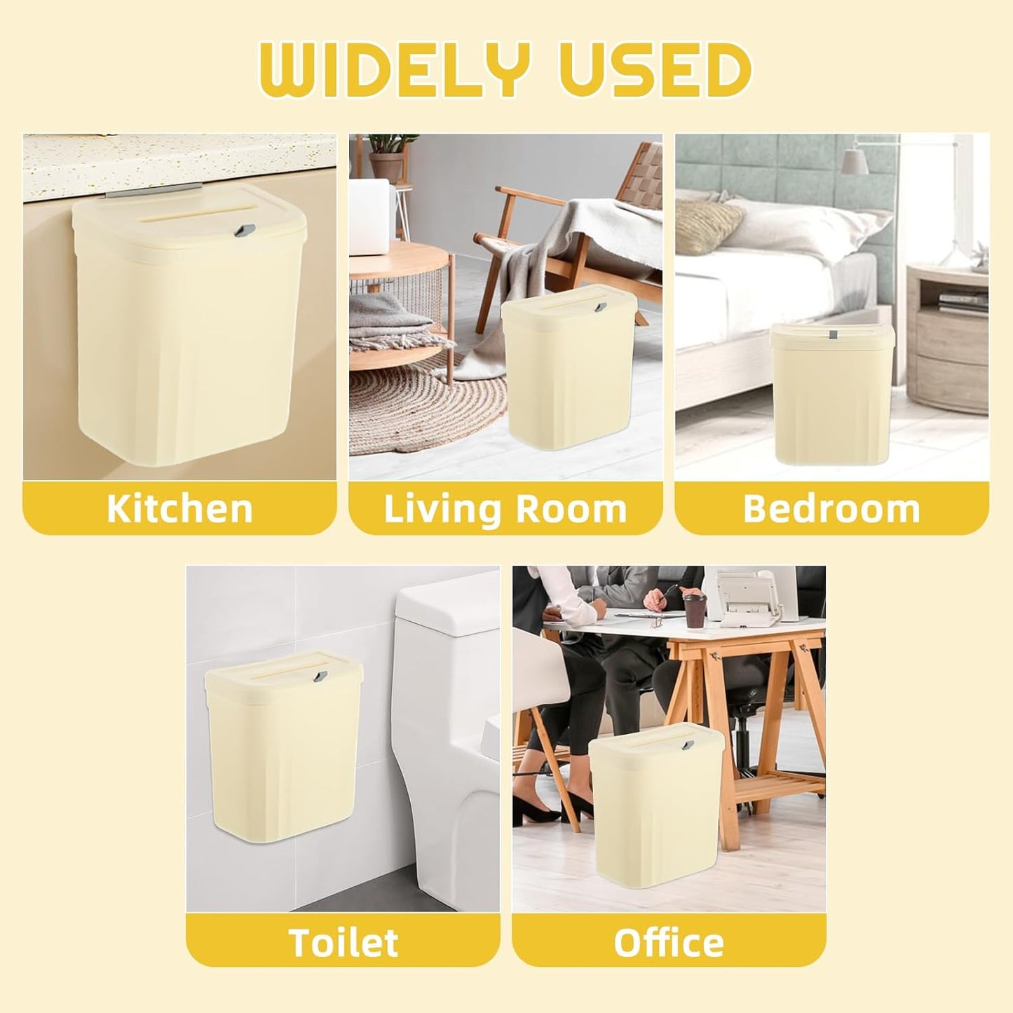 3 Pack Hanging Trash Can with Lid, 10L/2.6 Kitchen Compost Bin for Under Sink or Counter Top, Wall Mounted Home Plastic Waste Basket Garbage Can for Cupboard/Bathroom/Bedroom/Office/Camping (Cream)