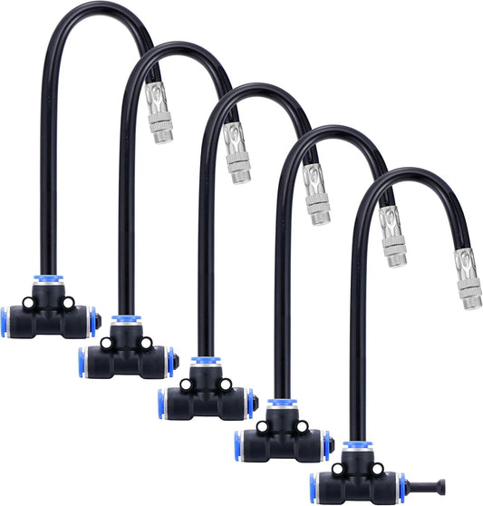 Mornajina 5Packs Brass Misting Nozzles Tee with 12inch Built in Hose for Outdoor Cooling System, Adjustable 360° Rotation, Water Mister Nozzles Thread Sprayer 0.043" (1.1 mm)