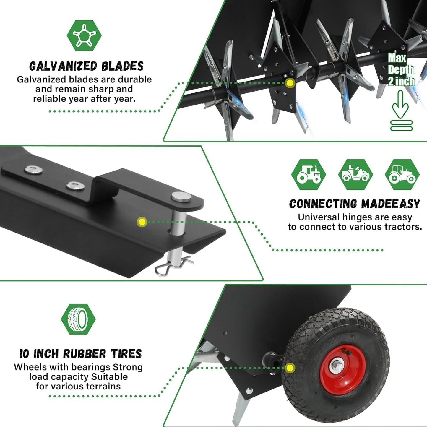 Doniks 48-Inch Tow Behind Lawn Plug Aerator with Universal Hitch, Lawn Aerator Tow Behind with 30 Galvanised Steel Tines,Tray and Inflatable Wheels for Gardens, Lawns, Farms