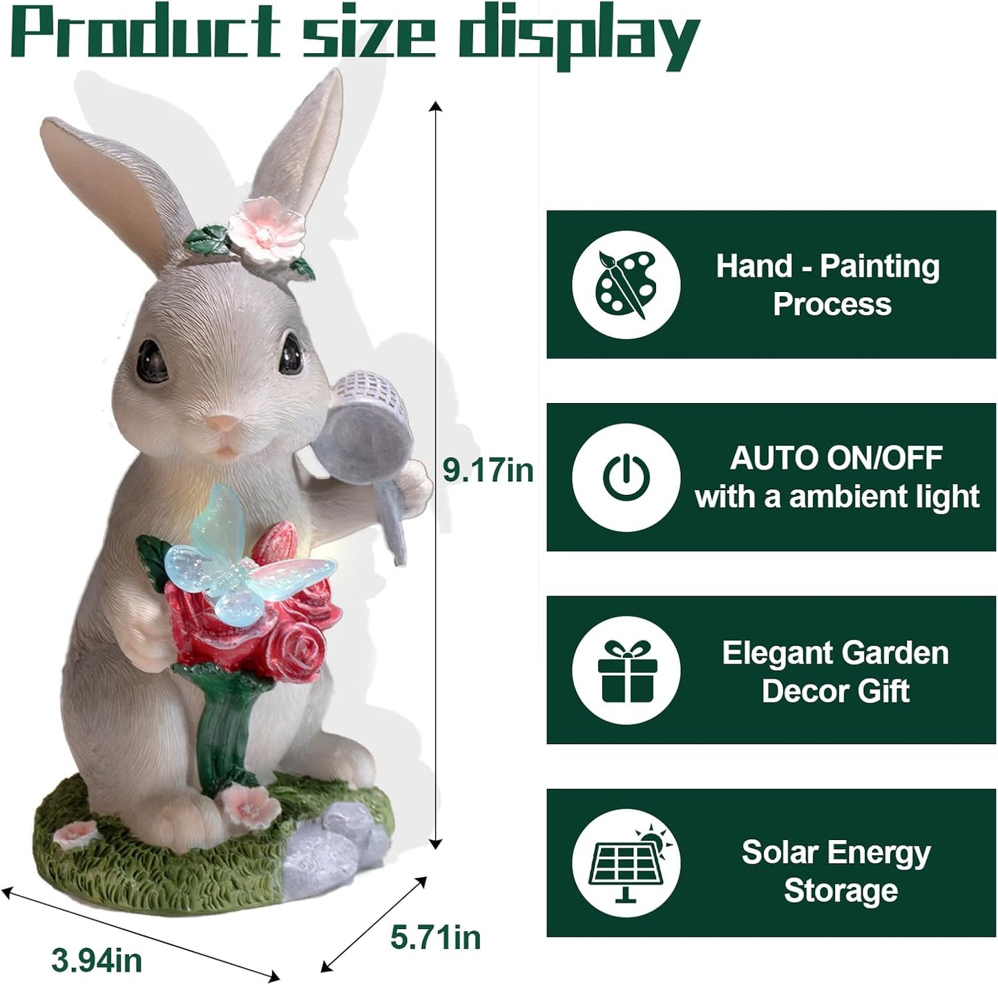 Garden Statues Rabbit with Solar Light,Bunny Outdoor Garden Decor Ornaments for Patio Yard Art,Birthday Easter House Warming Garden Gift for Women Mom,Resin Animal Figurine with Wider Base