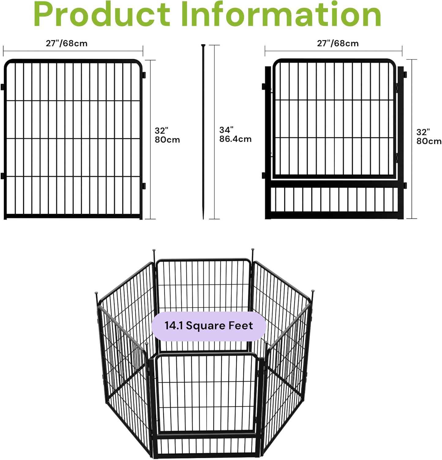 Decorative Garden Fence with Gate 32 in(H) x 13.4 ft(L) 6 Panels, Heavy Duty Metal Animal Barrier Fence for Yard, Flower Bed Fencing, Garden Border Fence, Easy Set Up, Black