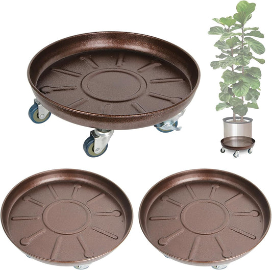 Heavy Duty Plant Caddy with Solid Rubber Wheels, Lockable, Increased Load Capacity, One-Minute Installation, Suitable for Indoor, Outdoor, Patio, Garden Settings, 12 Inches 3PACK, Brown