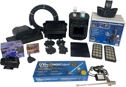 HALF OFF PONDS Savio Select 4,000 GPH Submersible Pump Pond Kit with 20' x 20' PVC Plastic Pond Liner, UV Clarifier for Water Garden & Koi Pond