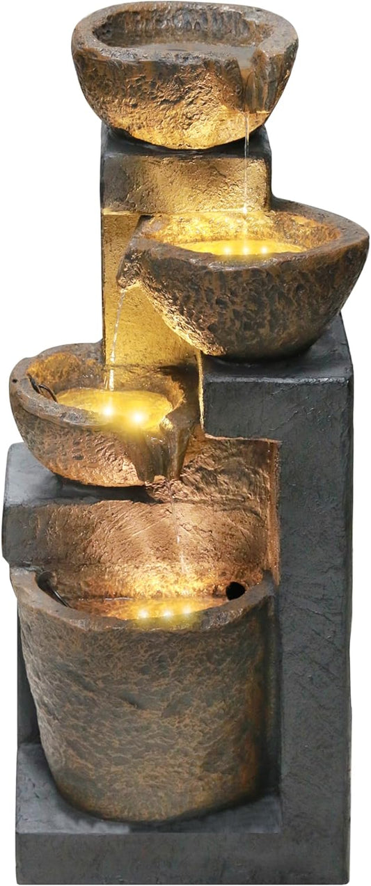 4-Tiers Cascading Bowls Outdoor Water Fountain with LED Light, Standing Cascading Water Feature, Faux Stacked Stones Waterfalls Fountains Decor for Garden Patio Yard and Lawn (Beige)