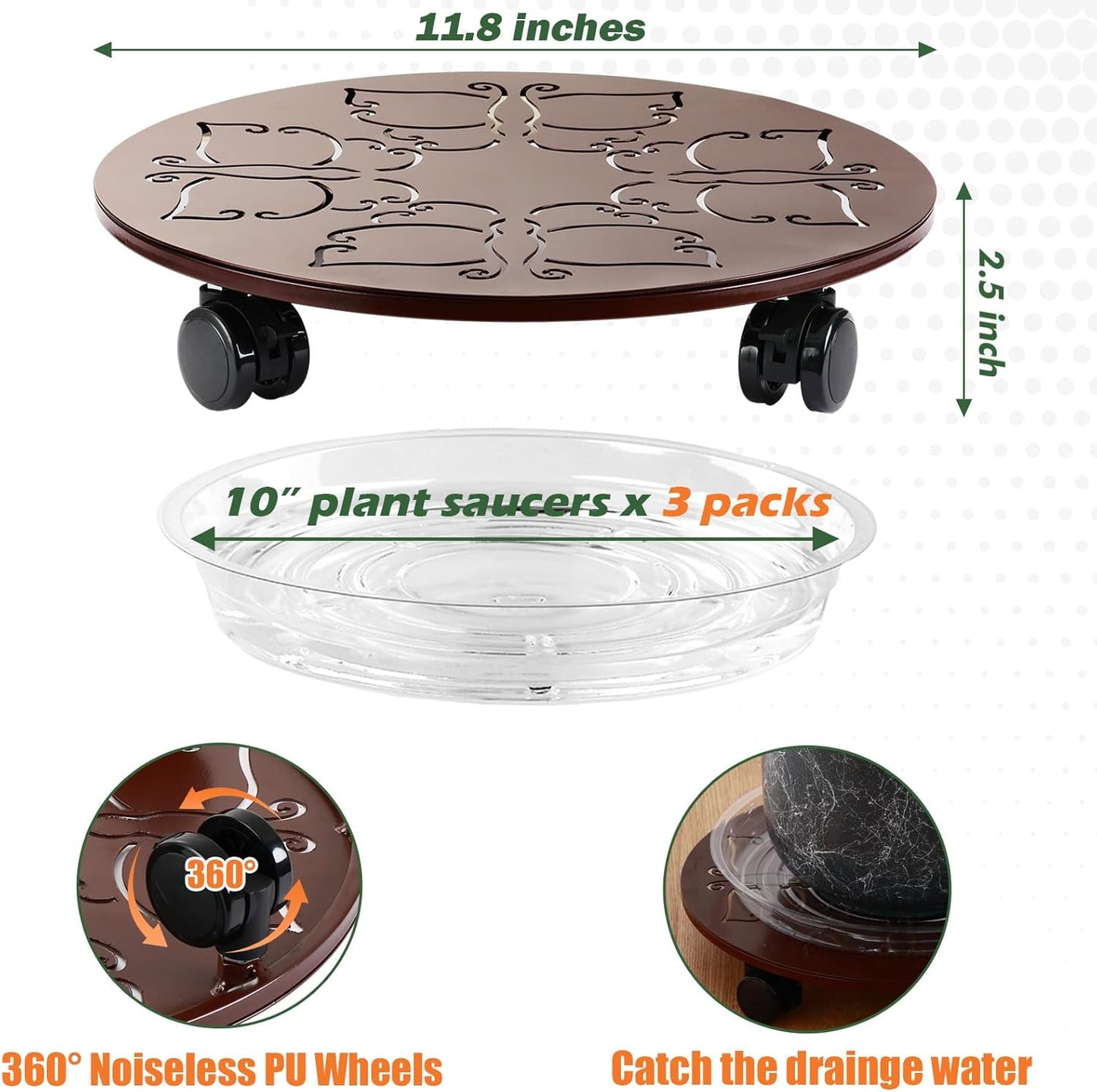3 Packs 12 inches Large Metal Plant Caddy with Wheels Round Planter Dolly Pot Mover Rollers Wrought Iron Rolling Plant Stands Indoor Outdoor Wheeled Plant Holder Coaster Trolley, Butterfly, Brown