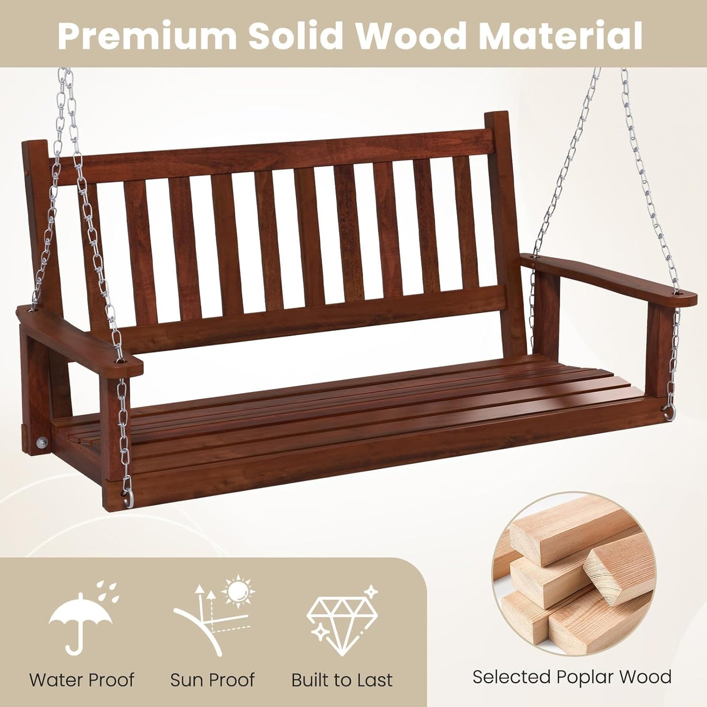 HAPPYGRILL 3-Person Wooden Outdoor Porch Swing, Heavy Duty Patio Hanging Bench Chair with 800 LBS Weight Capacity, 5.6 FT Adjustable Upper Chains, Slatted Back, Swing Bench for Garden, Backyard