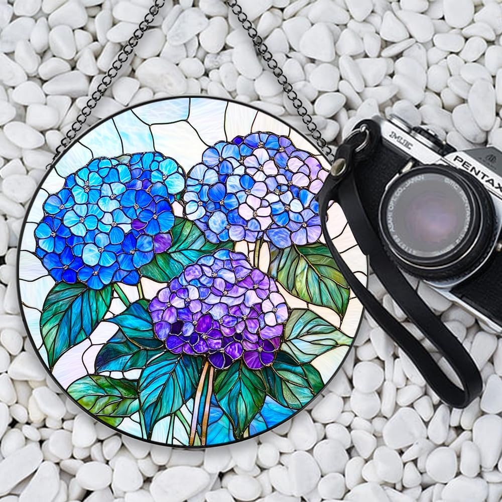 Handmade Hydrangea Flower Stained Glass Suncatcher - Vibrant Window Décor for Home/Garden,Gift-Ready Sun Catcher Art with Hook (Blue, 7.8 * 7.8IN)