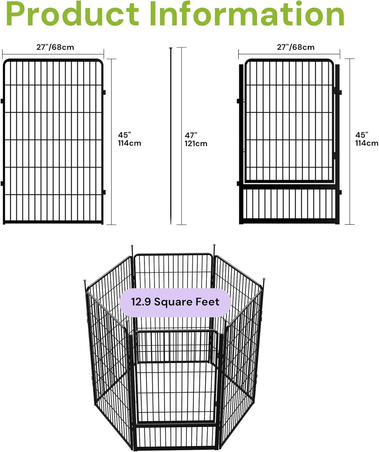 Decorative Garden Fence with Gate 45 in(H) x 26.8 ft(L) 12 Panels, Heavy Duty Metal Animal Barrier Fence for Yard, Flower Bed Fencing, Garden Border Fence, Easy Set Up, Black