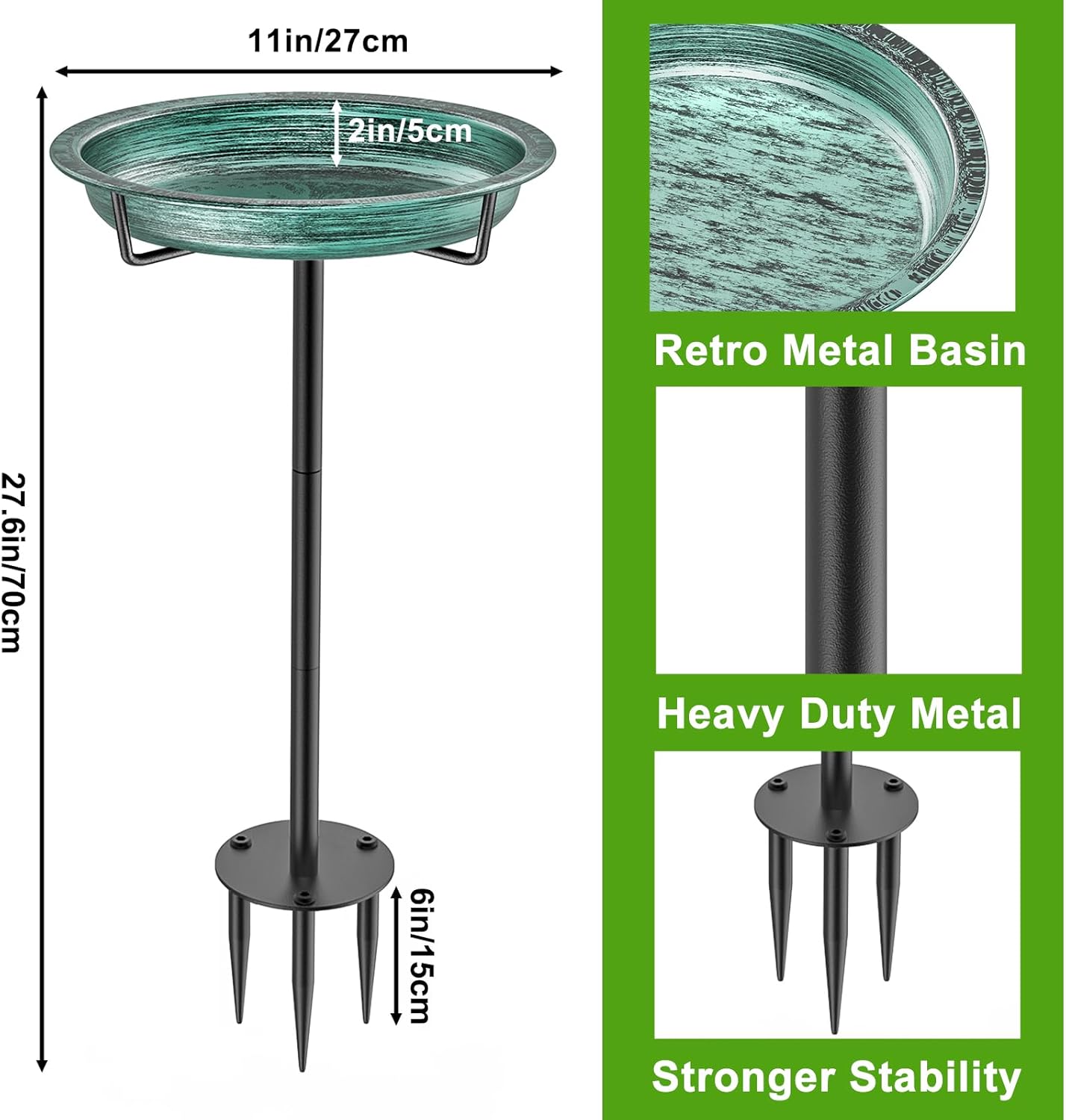 Bird Baths for Outdoors, Detachable Birdbaths for The Garden Clearance, Heavy Duty Freestanding Bird Baths, Bird Bath Bowl Spa & Birdfeeder with Metal Stake Stand (Retro Green)