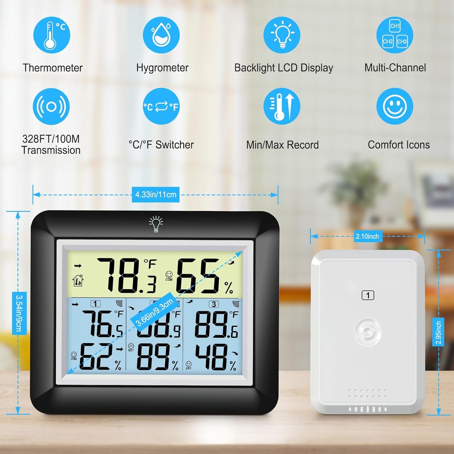 Urageuxy Wireless Indoor Outdoor Thermometer Hygrometer, Digital Temperature and Humidity Monitor with 328ft Range Remote Sensor for Home, Greenhouse, Bedroom, Kitchen, Refrigerator, Black