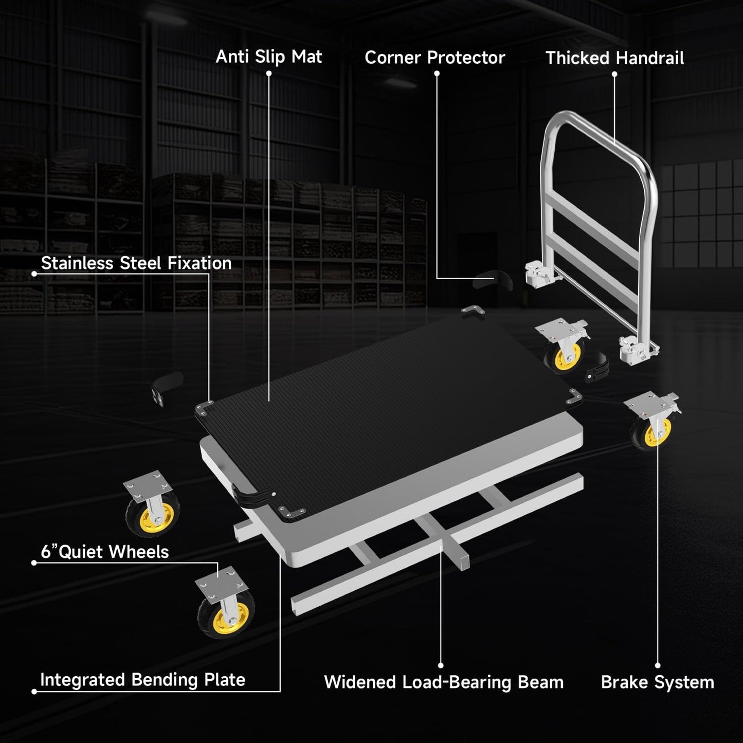 Extra Large Platform Truck Cart, 44 x 28 Heavy Duty Push Cart Dolly 2500 LBS Capacity, Flat Cart with Non-Slip Mat and 6" Swivel Brake Wheels