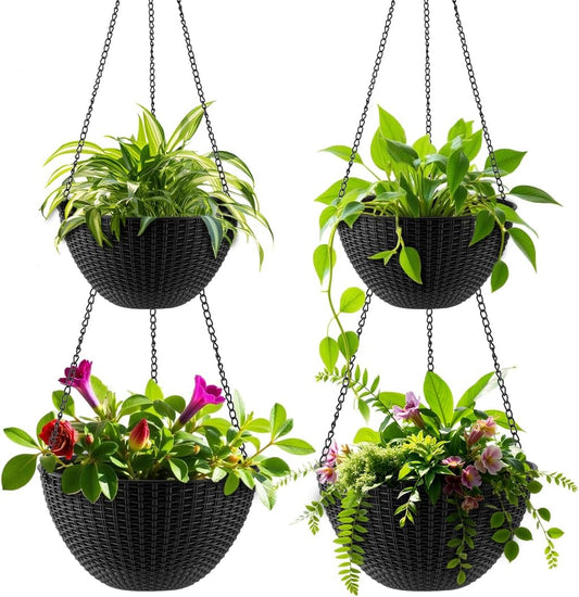 Hanging Planters for Indoor Outdoor Plants 8 and 10 Inch, 4 Packs Plant Hanger with Drainage Holes, Hanging Basket Flower Pot Perfect for Home, Office and Garden, Black