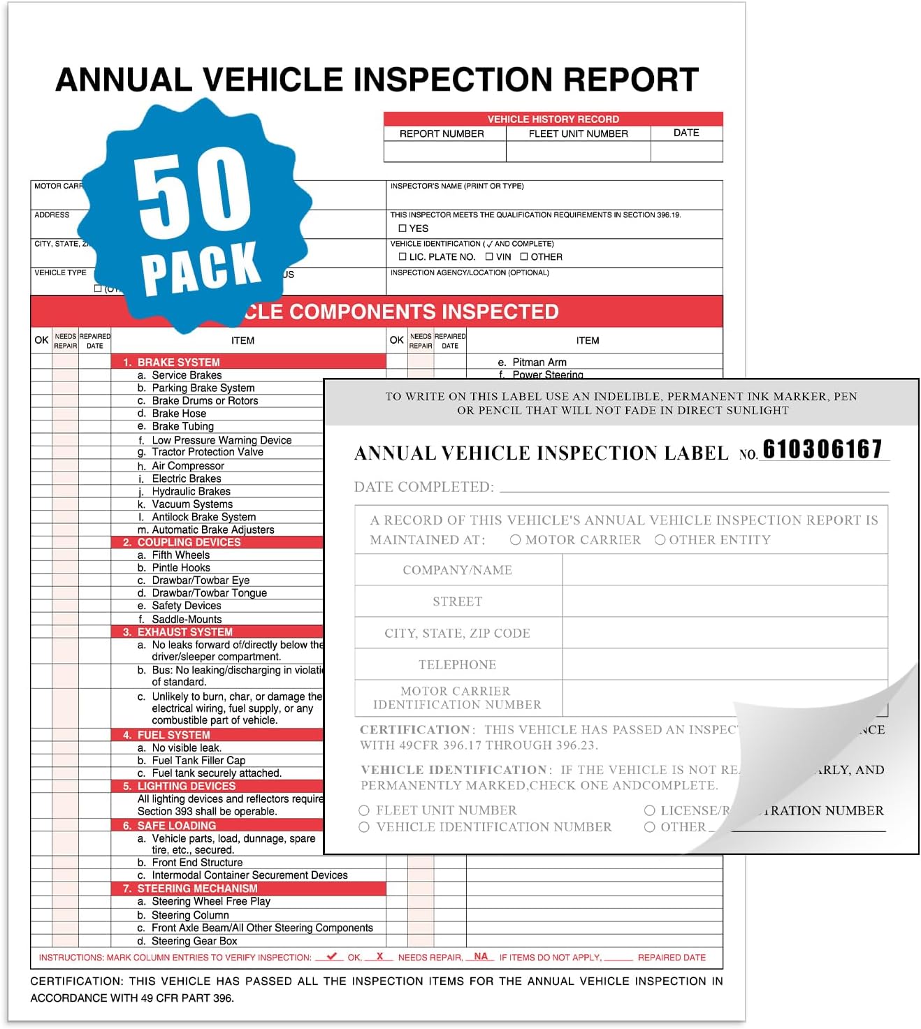 Goldenfox DOT Inspection Forms and Stickers. 50-Pack,3-Ply Carbonless Annual Vehicle Inspection Report (8.5" x 11.75") with 2-Ply Vinyl White Interior fmcsa Annual Inspection Sticker(5"x4")