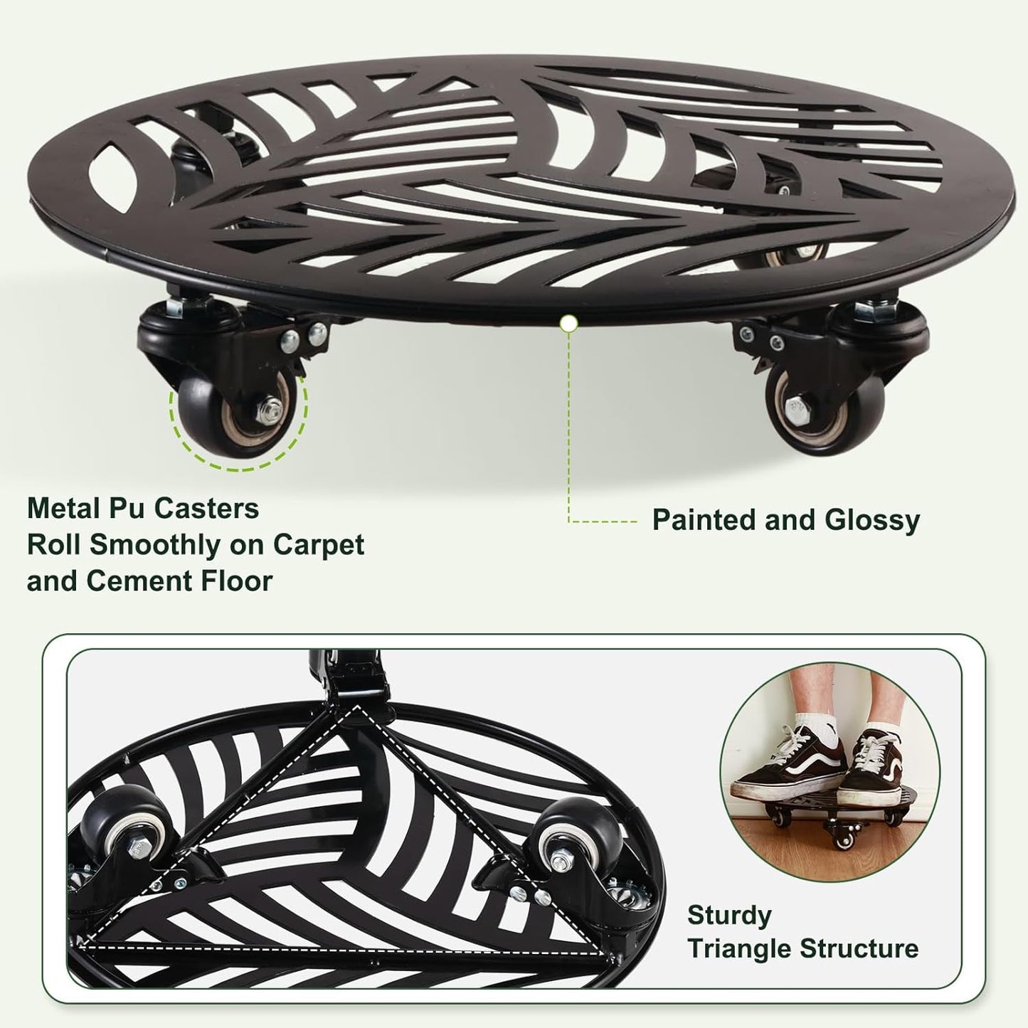 3 Packs Metal Plant Caddy with 3 Metal PU Wheels 12” Heavy-duty Wrought Iron Rolling Plant Stands with Casters Indoor and Outdoor Plant Pot Roller Base Plant Dolly Coaster Movers Black