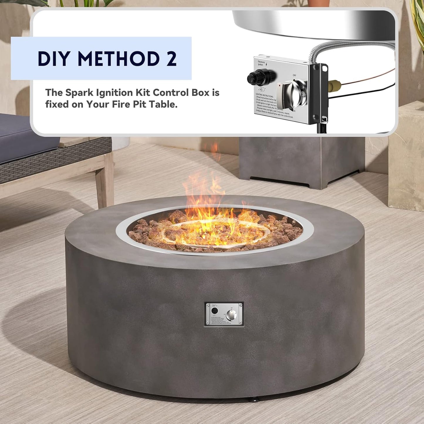 Skyflame 19" Round Stainless Steel Fire Pit Drop-in Burner Kit with CSA Certified, Flame Sensing, Electronic Spark Ignition, Propane Regulator Connector Hose Set for Propane Tank