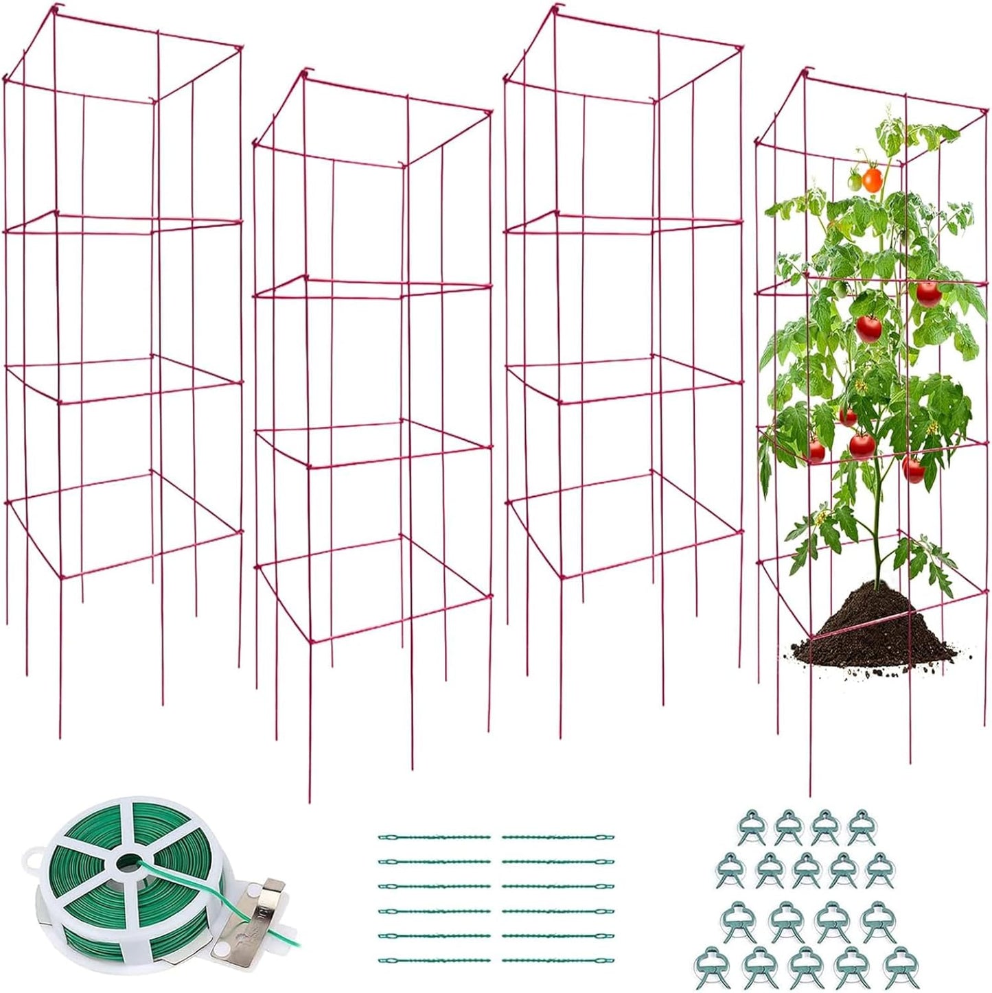 DoCred 4 Pack Tomato Cage, Folding Tomato Cage Heavy Duty Metal Square Tomato Cages Coated Steel Garden Plant Support Stake Tower for Climbing Vegetables, Plants, Flowers, Steel Red