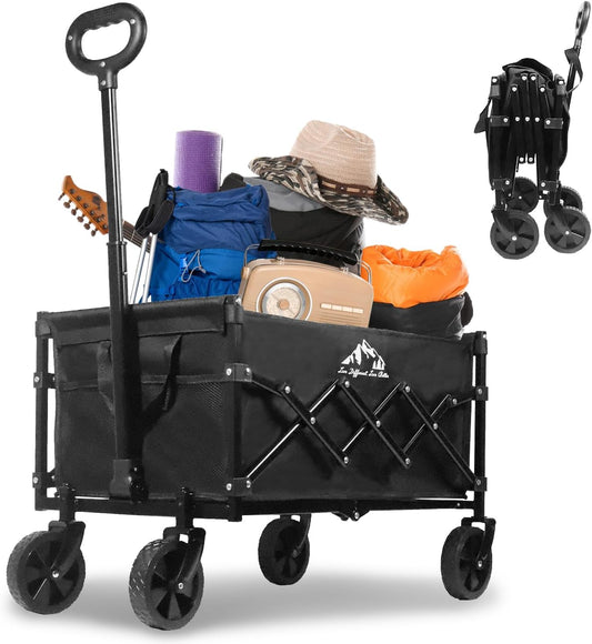 Collapsible Wagon 352LBS Capacity, Foldable Large Carts, Heavy Duty Outdoor Folding Cart with All-Terrain Wheels, Utility Garden Beach Wagon with Storage Bag Black