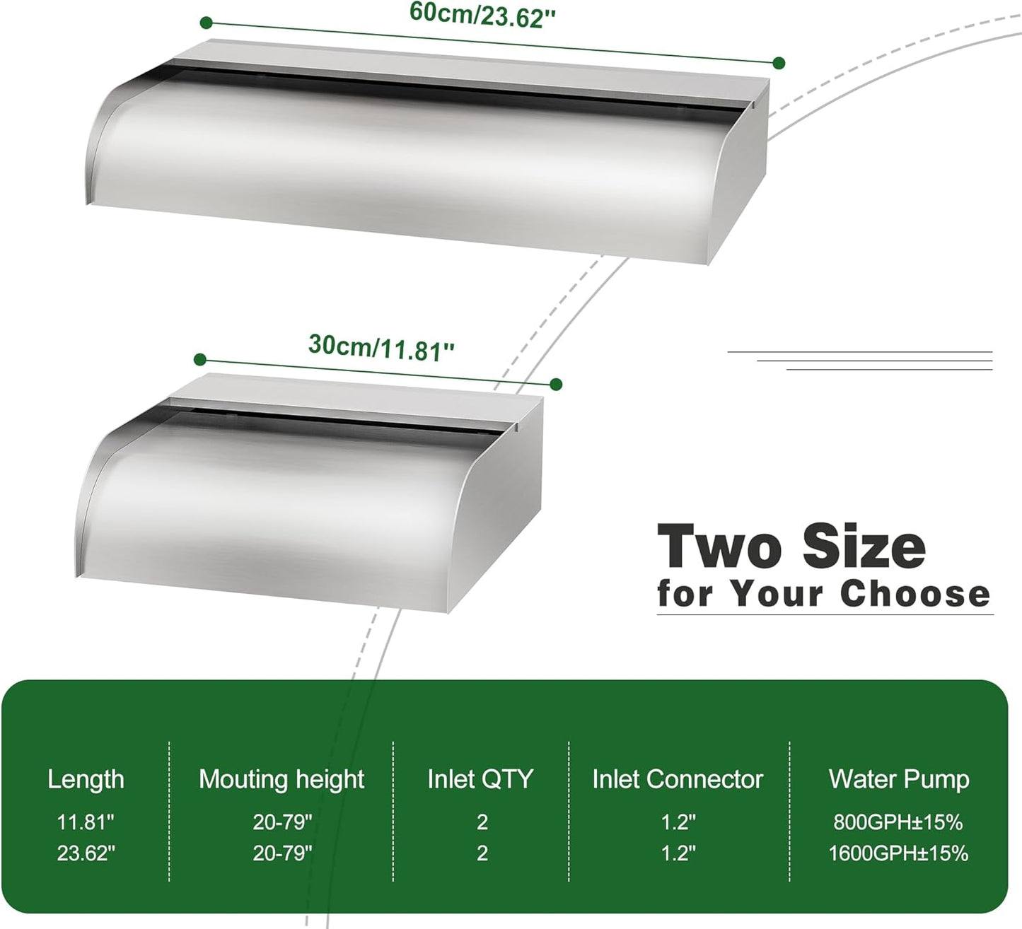 Pool Fountain Waterfall Spillway with Wider Water Flow Platform, Stainless Steel Waterfall with Pipe Connector Kits, Water Feature Spillway for Garden Decor, Patio, Ponds, 11.8"x11.8"x3.9