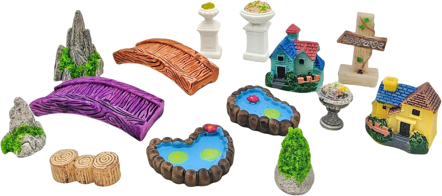 Miniature Garden Accessories - 14PCS Micro Landscape Ornaments with Pond, Lighthouse, Bridge,Realistic Resin Decor for DIY Crafts, Gift for Plant & Home Decor Lovers (European Pastoral Style)
