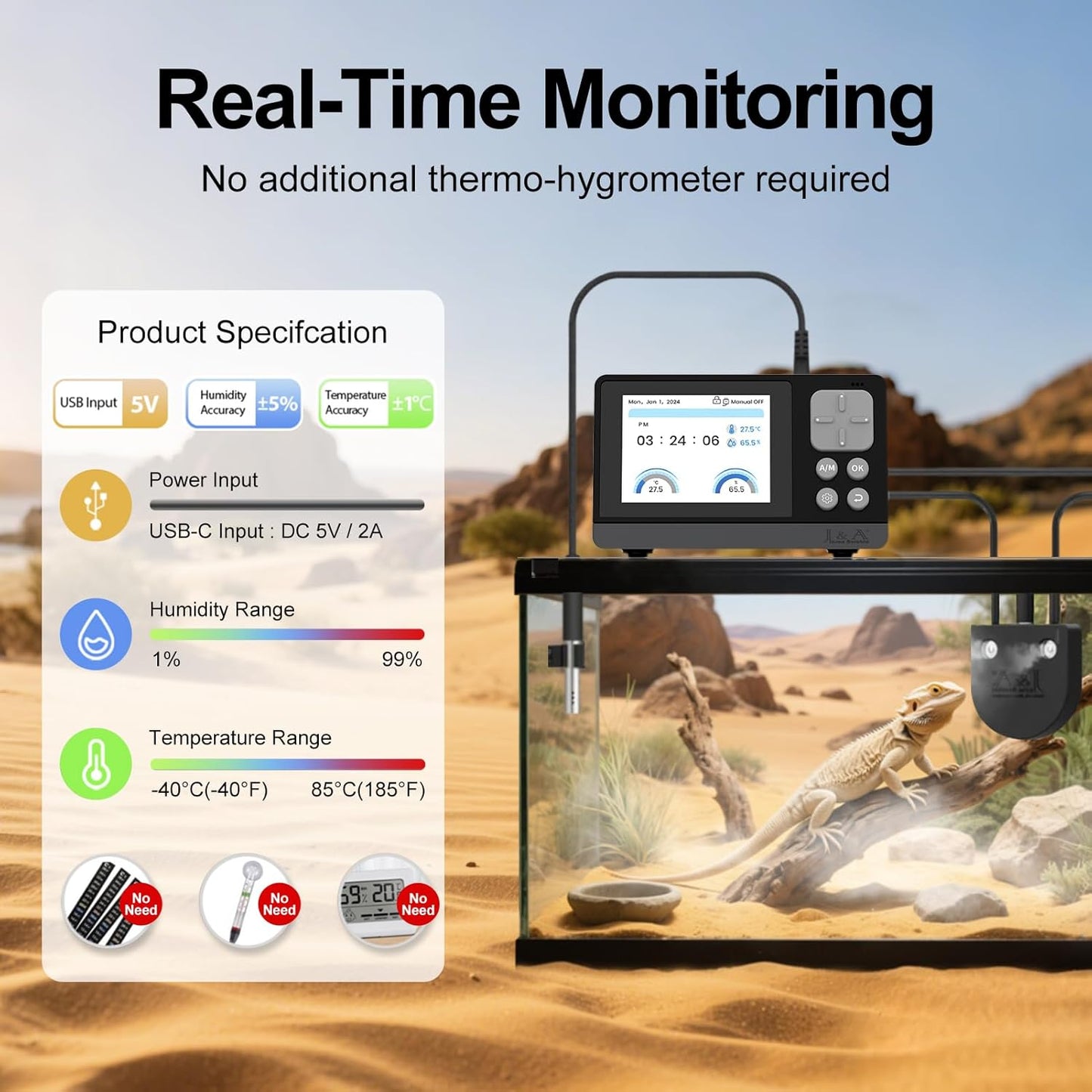 J&A Automatic Fogger for Reptile Tank, Mister for Terrariums, Humidifer with Programable Timer, Temp-Hygrometer Sensor, Ideal for Amphibians/Reptiles/Paludarium/Vivarium (Black)