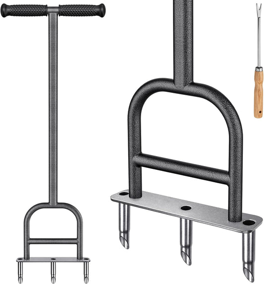 Dolibest Lawn Coring Aerator, Stainless Steel 3 Corer Plug Aerator Tool with Soft Rubber Grip, Manual Grass Aerating Tool, Garden Tool & Cleaning Hand Tool for Loosening Soil and Improving Lawn Health