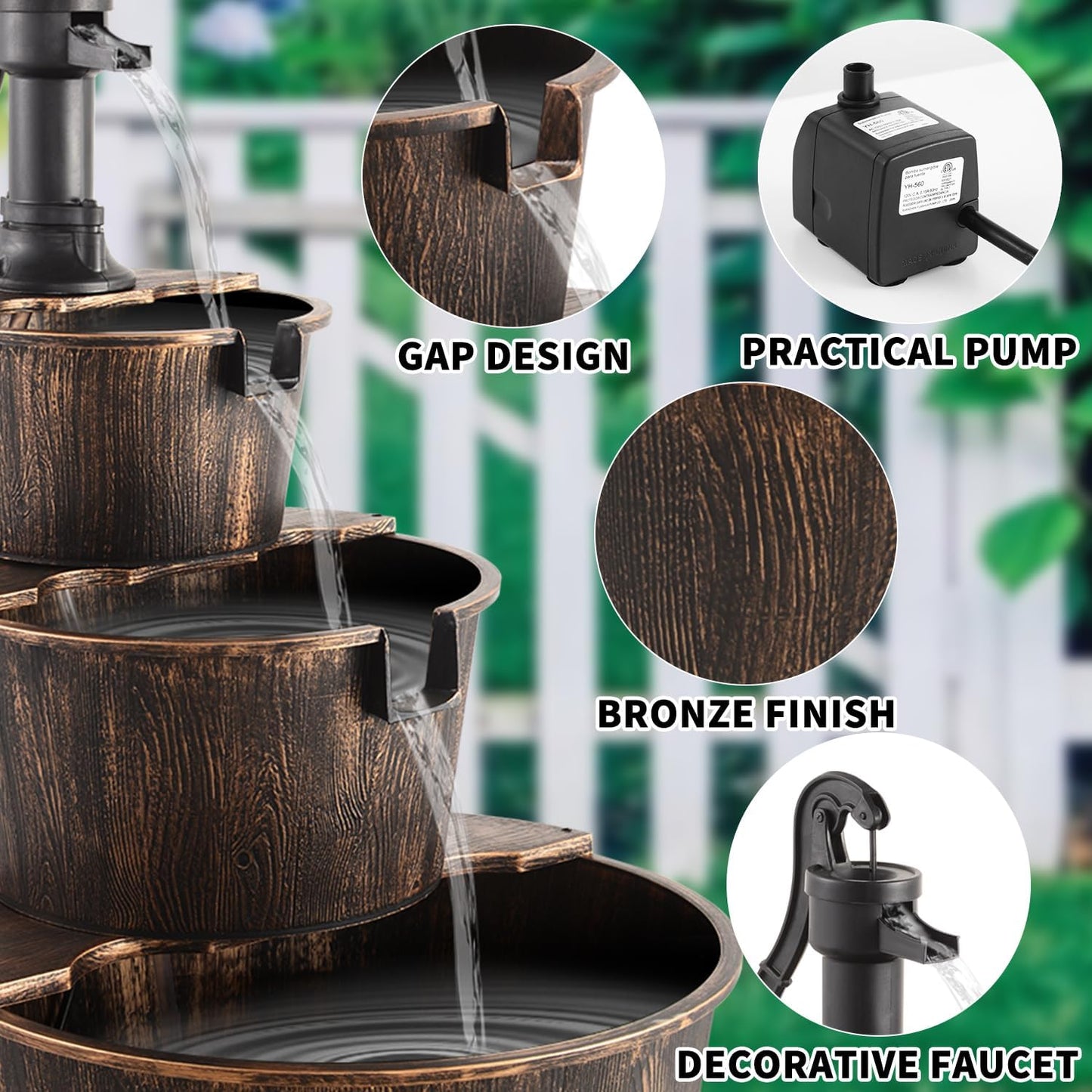 YI 40-Inch 3 Tier Barrel Waterfall Fountain Outdoor Water Fountains Barrel Wood 3-Tier Freestanding Rustic Pump for Garden Patio Backyard Porc