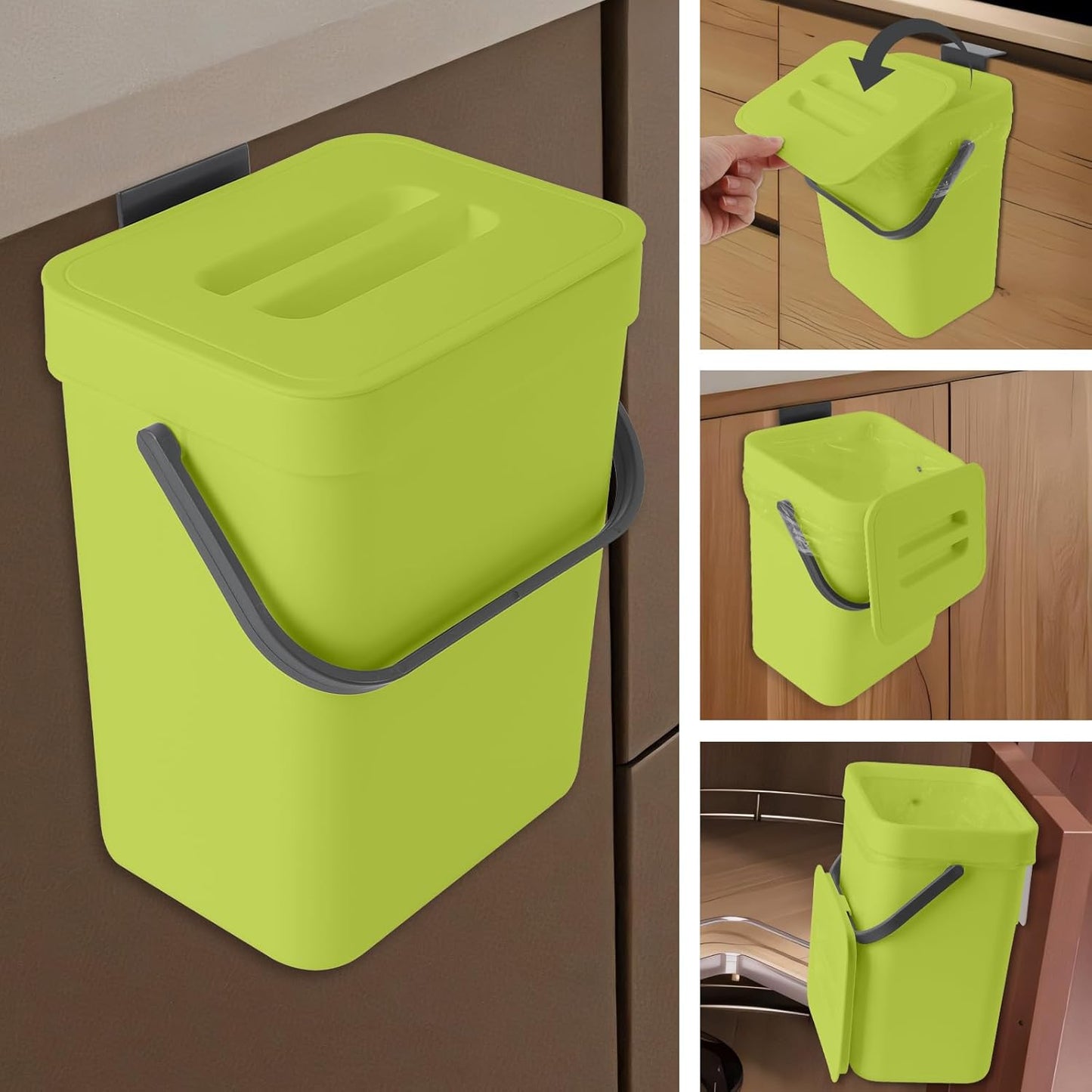 Compost Bin Kitchen, for use on Countertops or Under Sinks, Hanging Trash Can with Lid, for Cupboard/Bathroom/Bedroom/Office/Camping, Mountable Indoor Compost Bucket(Green 1.3 Gallon/5L)
