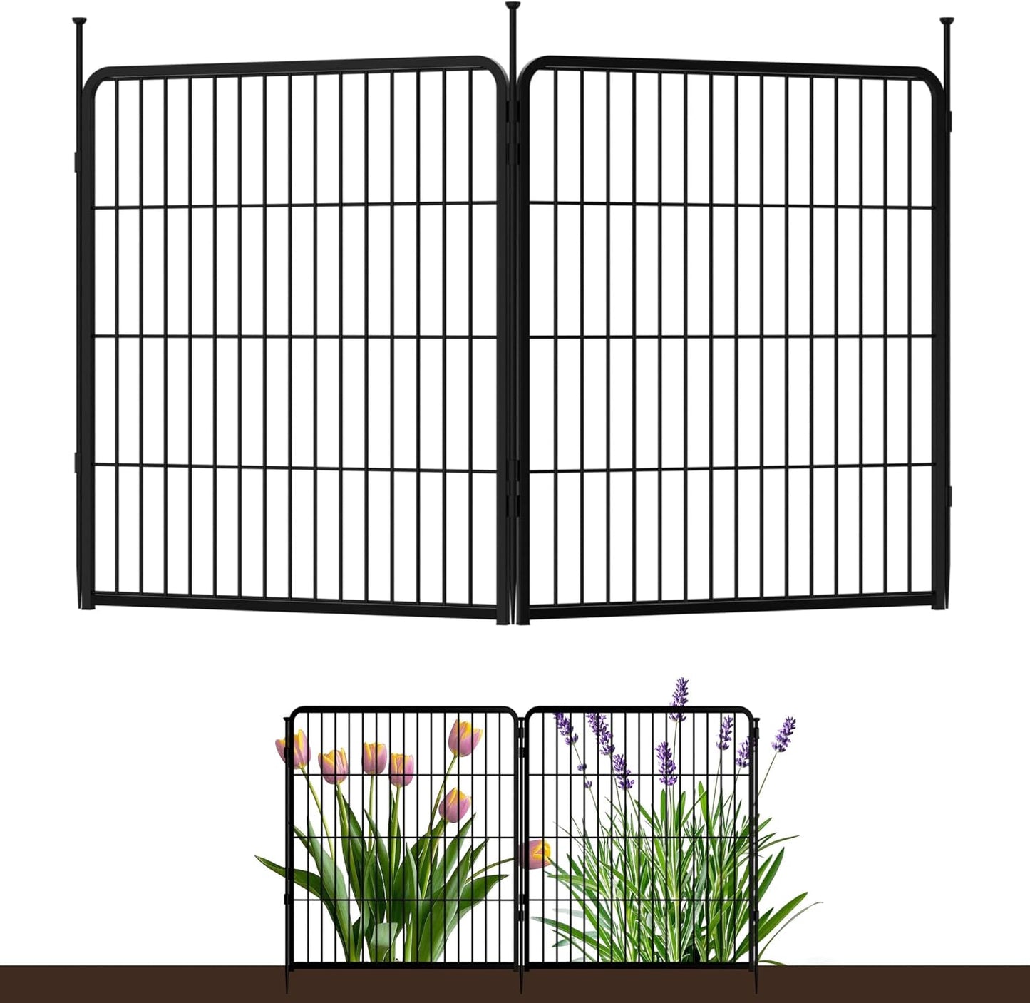 Doorless Garden Fence 32 in(H) x 4.5 ft(L) 2 Panels, Heavy Duty Metal Animal Barrier Fence, No Dig Fence for Dogs, Rabbit Fence for Garden, Black
