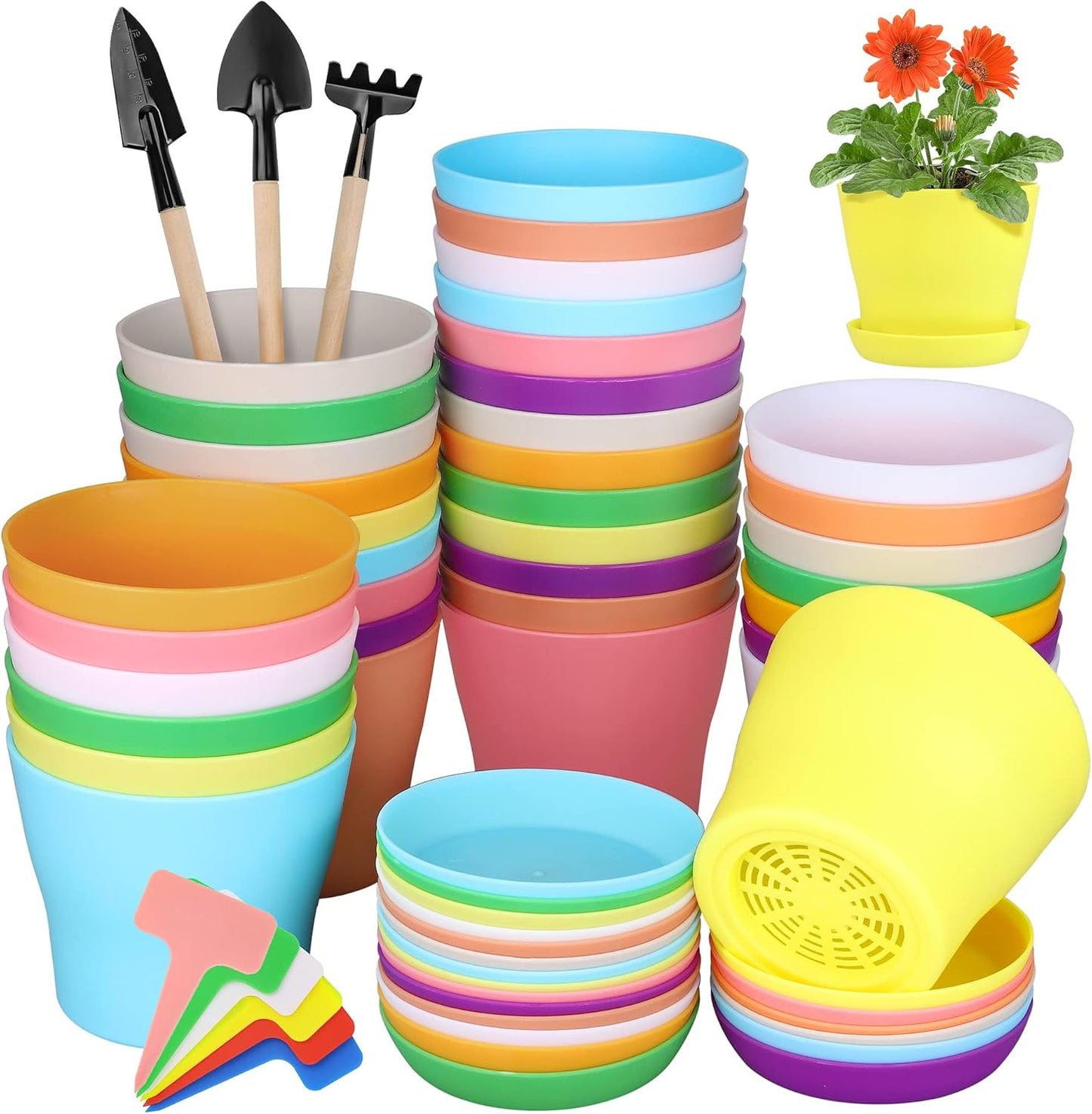 36 Pack 4 Inch Plastic Plant Pots with Saucers Colorful Flower Plant Container Seed Starting Pots Thickened Seedlings Nursery Pots for Home Garden Indoor Outdoor Flowers, 9 Colors