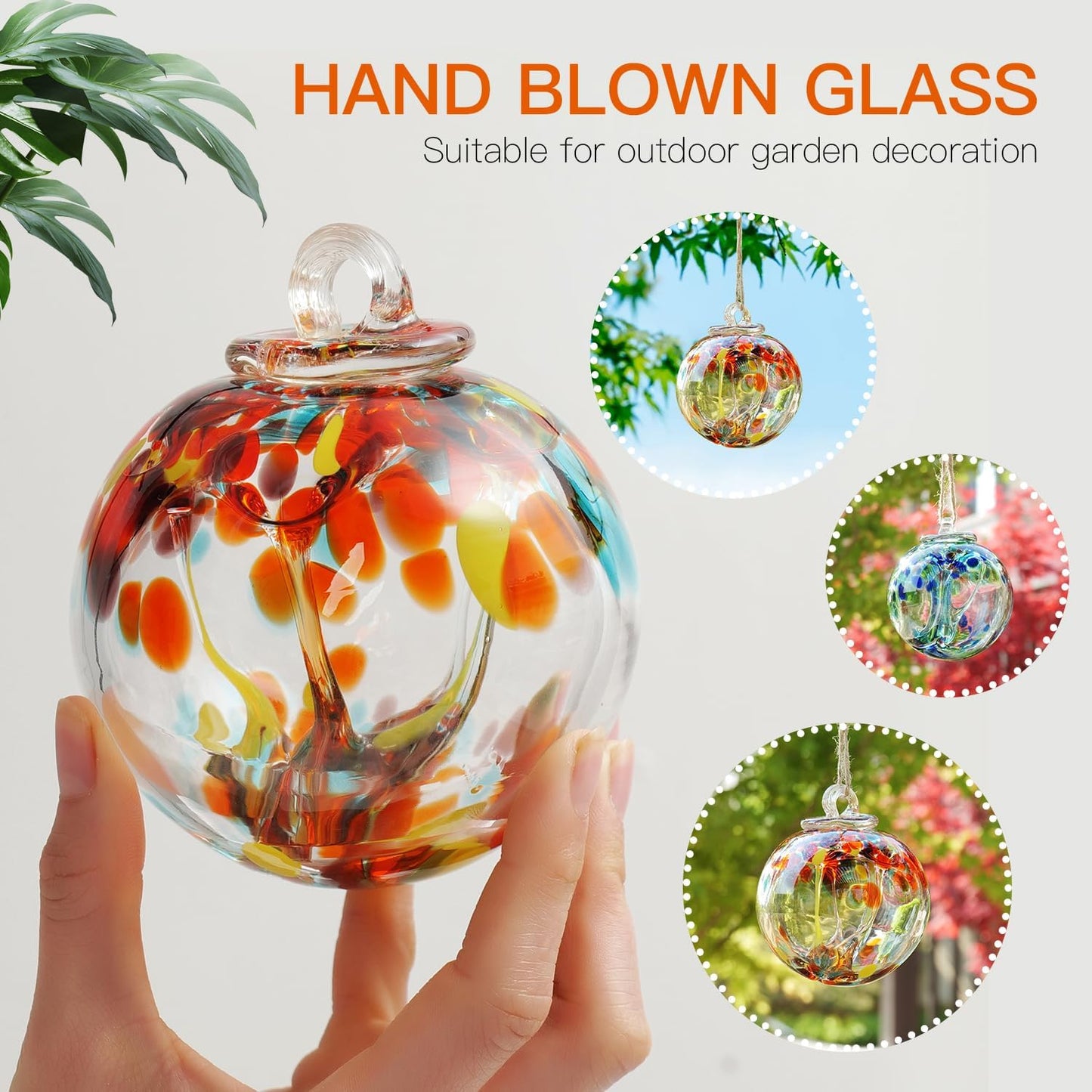 Yao Yuan 4 Inch Garden Hanging Gazing Ball Hand-Blown Glass for Hanging Gardens Window Outdoor Gazing Ball Witch Balls Glass Ornament (organe and red)