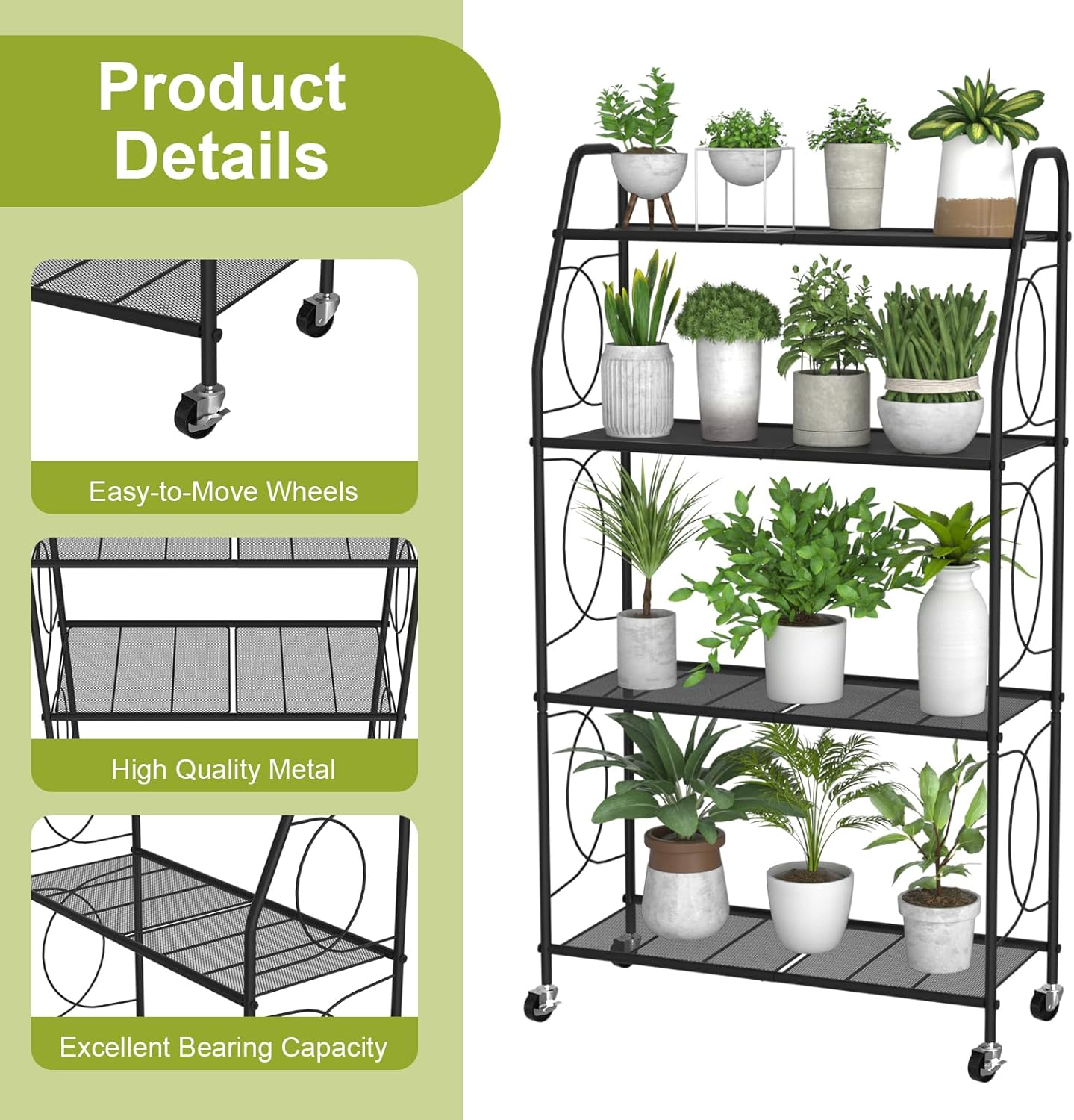 4 Tier Plant Stand with Wheels, Plant Shelf for Indoor Outdoor, Heavy Duty Metal Tall Plant Stands Holder Rack for Living Room Balcony and Garden, Black