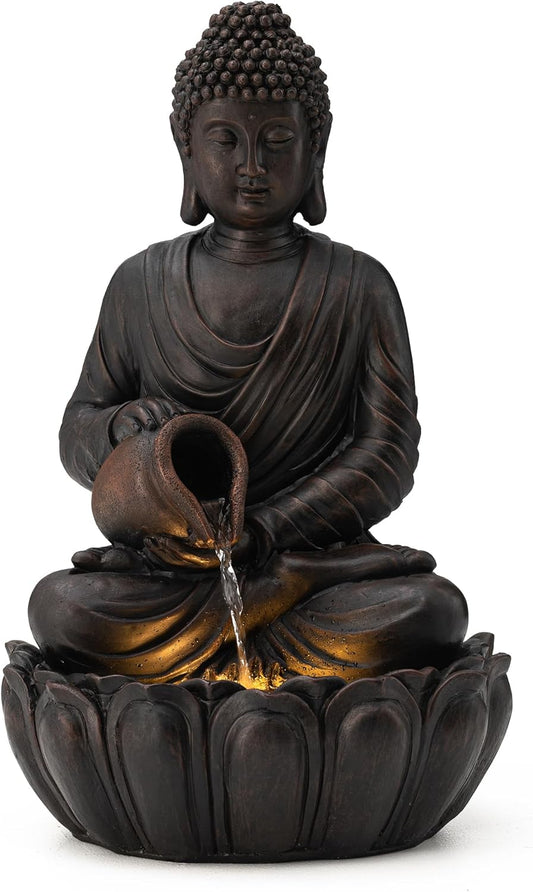 Glitzhome Buddha Fountain Outdoor 2 Tier Zen Style Buddha Water Fountains with Pump & LED Light, Buddha Fountains and Waterfalls Outdoor Floor Fountain Buddha Statues for Garden Patio Backyard 21" H