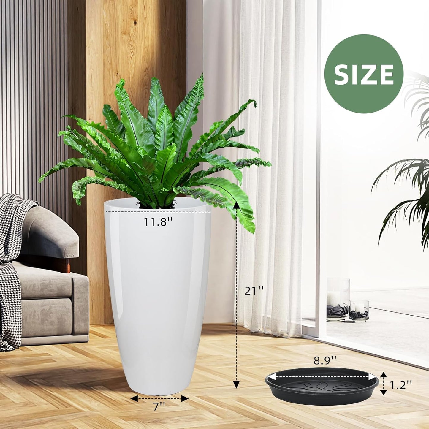 21 inch Tall Planter Indoor Outdoor, Set of 2 Tall Outdoor Planters for Porch Large Planter Pot with Drainage Hole for Home Garden Front Door (White)