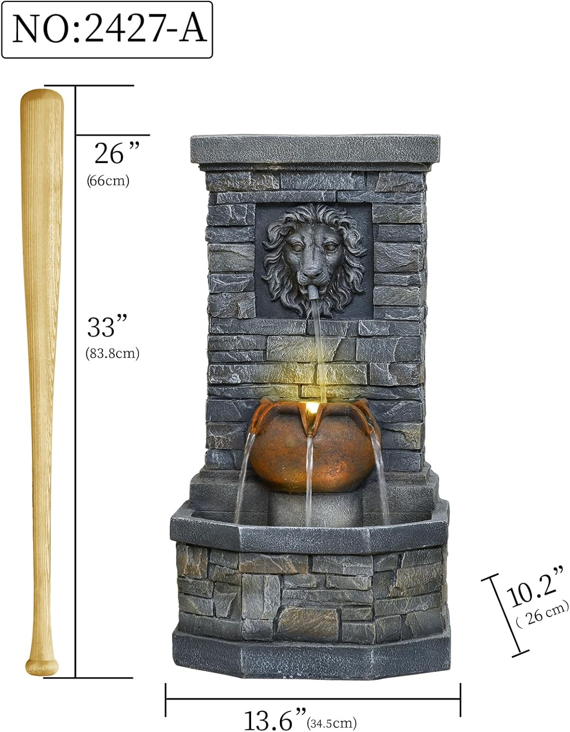 26'' Outdoor Garden Floor-Standing Water Fountain Lion Head Stone with Lights Outdoor Waterfall for Patio, Backyard, Deck, Porch and Home Art Decor