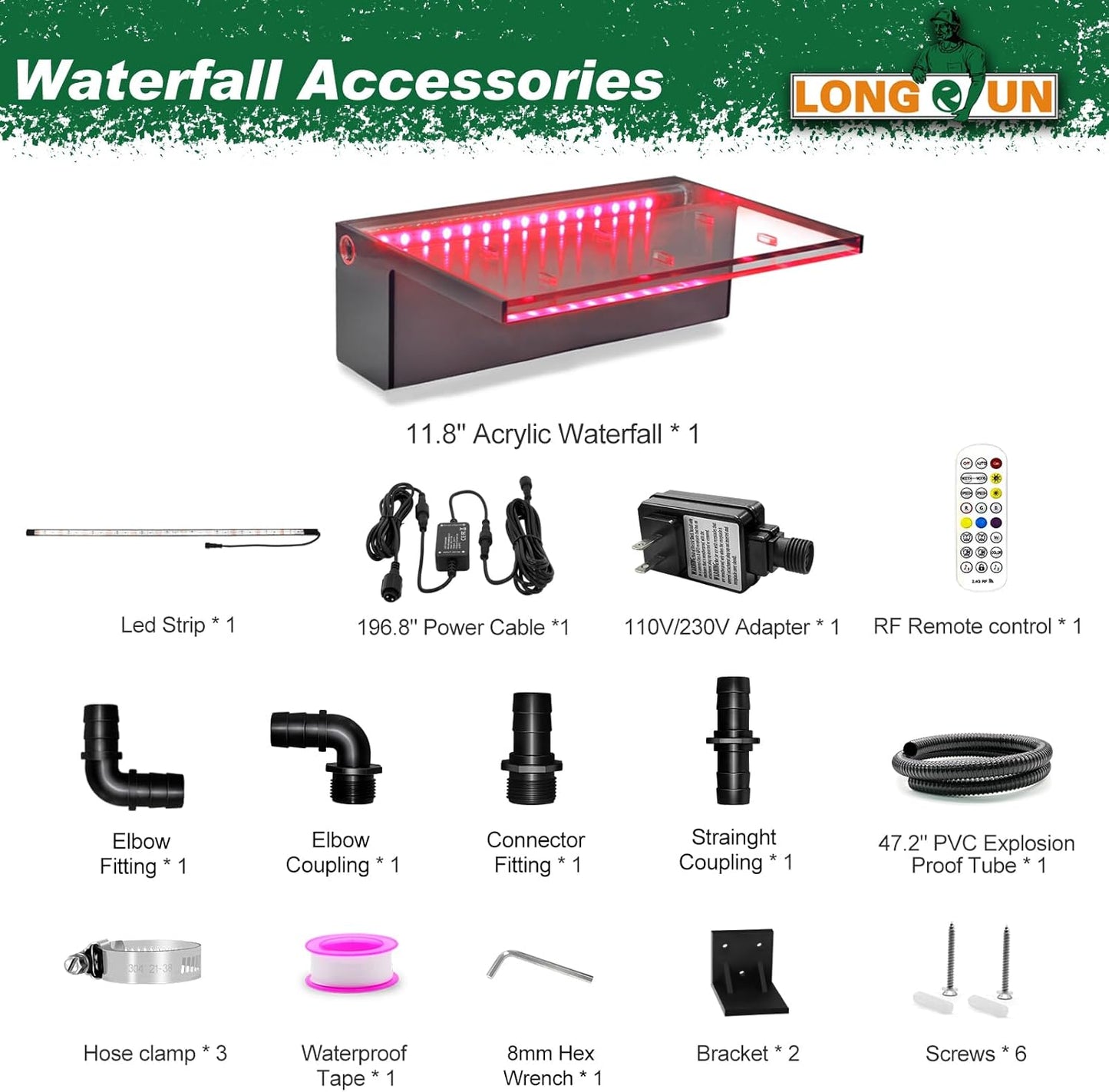 LONGRUN Waterfall Spillway APP Control Multi-Color LED Light Outdoor Pool Fountain, Acrylic Water Spillway Koi Pond Waterfalls Fountains Kit for Garden Patio Swimming Pool Decoration-11.8"