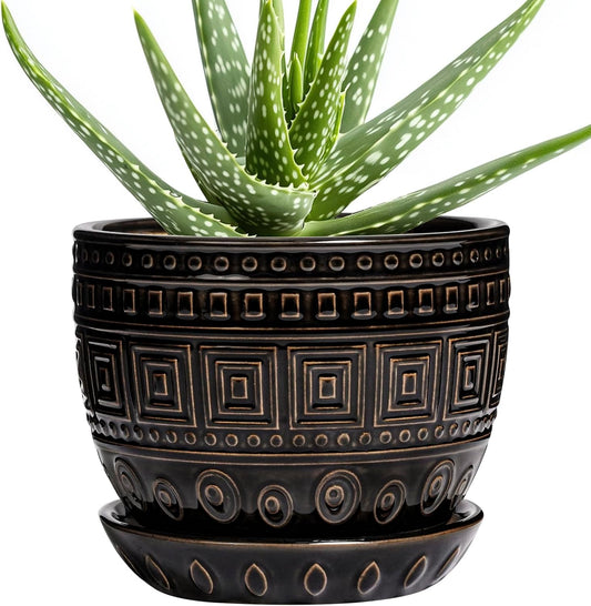 G EPGardening Ceramic Plant Pot - 5.5 Inch Ceramic Planter for Indoor Plants, Boho Round Indoor Flower Pot with Drainage Hole and Saucer, Plant Lover Gifts, Garden Home Room Decor, Black