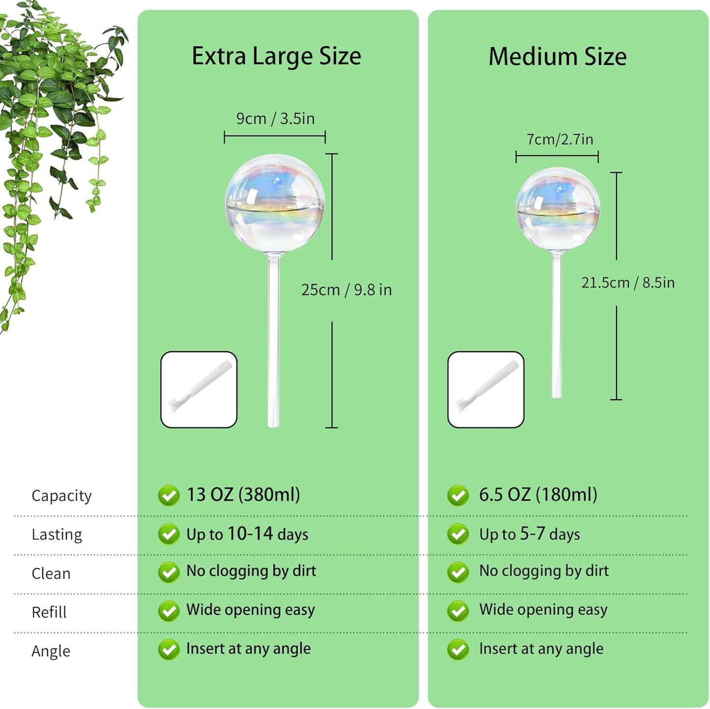 13oz Self Watering Globes (4 Pack),Large Glass Plant Water Bulbs for Vacation, Automatic Drip Irrigation,Iridescent Rainbow Watering Stakes for Indoor & Outdoor Plants (Up to 2 Weeks Hydration)