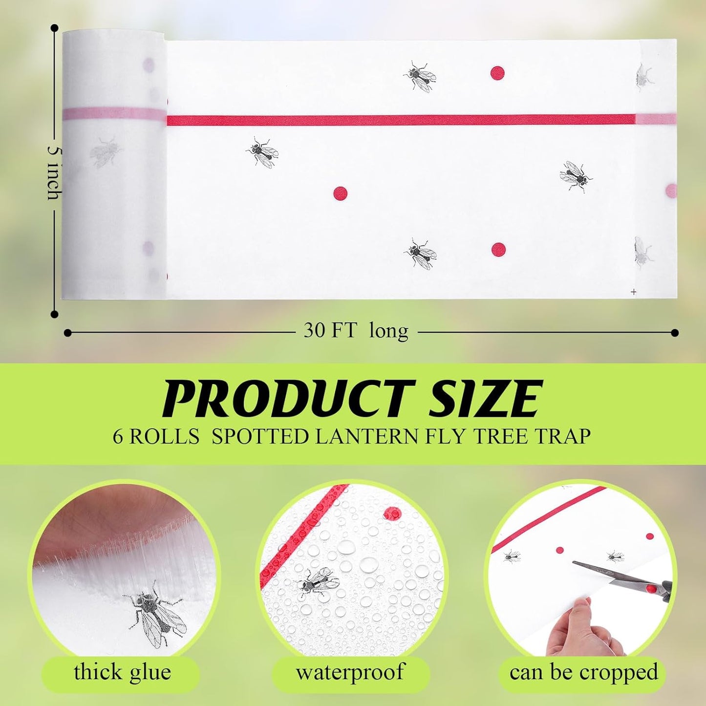 Qualirey 6 Rolls Spotted Lantern Fly Traps 30 Feet Each Roll Fly Tree Trap Sticky Strips Outdoor Fruit Glue Strips Disposable Tape Indoor Paper Sheets for Protecting Trees(White)