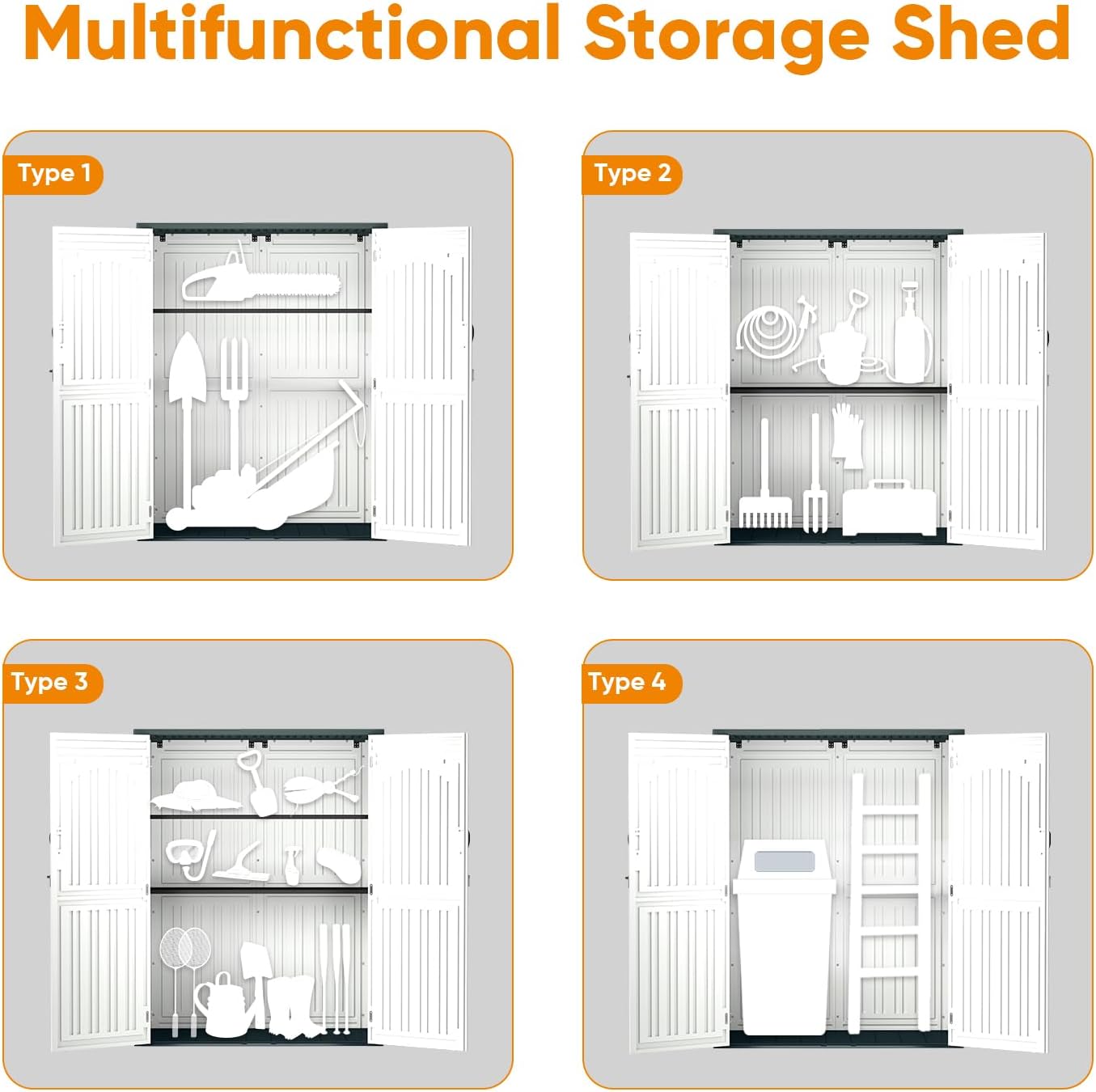 4.5 x 5.7 FT Outdoor Storage Shed, 59 Cuft Outside Waterproof Storage Cabinet, HDPE Resin Plastic 385 Gallon Outdoor Storage Container, Vertical Lockable Storage Shed, Light Grey