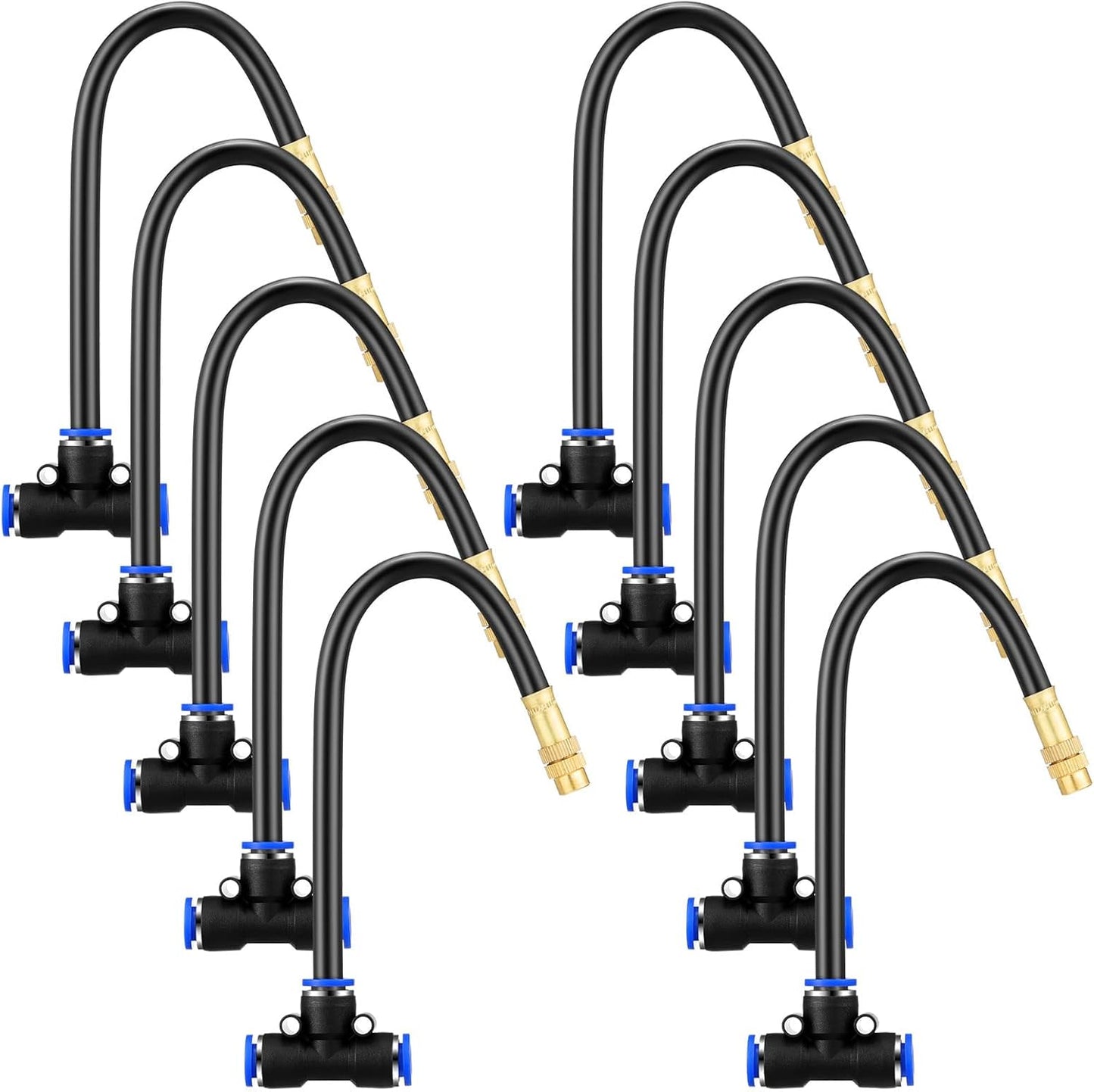 Zonon 10 Pcs Brass Misting Nozzles Tee with 8 Inch Built in Hose 360 Degree Rotation Adjustable Water Mister Nozzles Thread Sprayer 0.043" Misting Parts and Accessories for Patio Outdoor Cooling