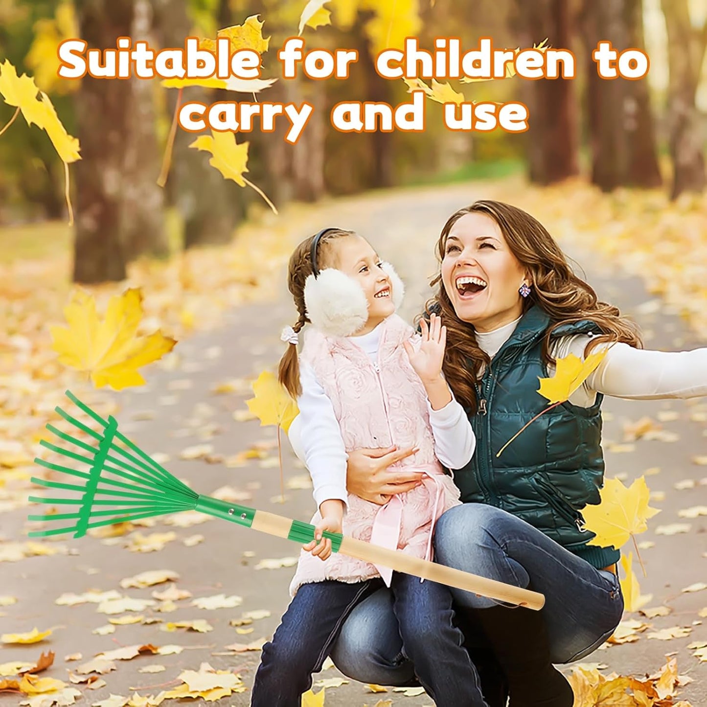 Kids Rakes with Hardwood Handle - Metal Kids Leaves Rakes, 28" Child Size Lawn Rakes with Vibrant Green Heads, Garden Tool Set for Kids Boys and Girls