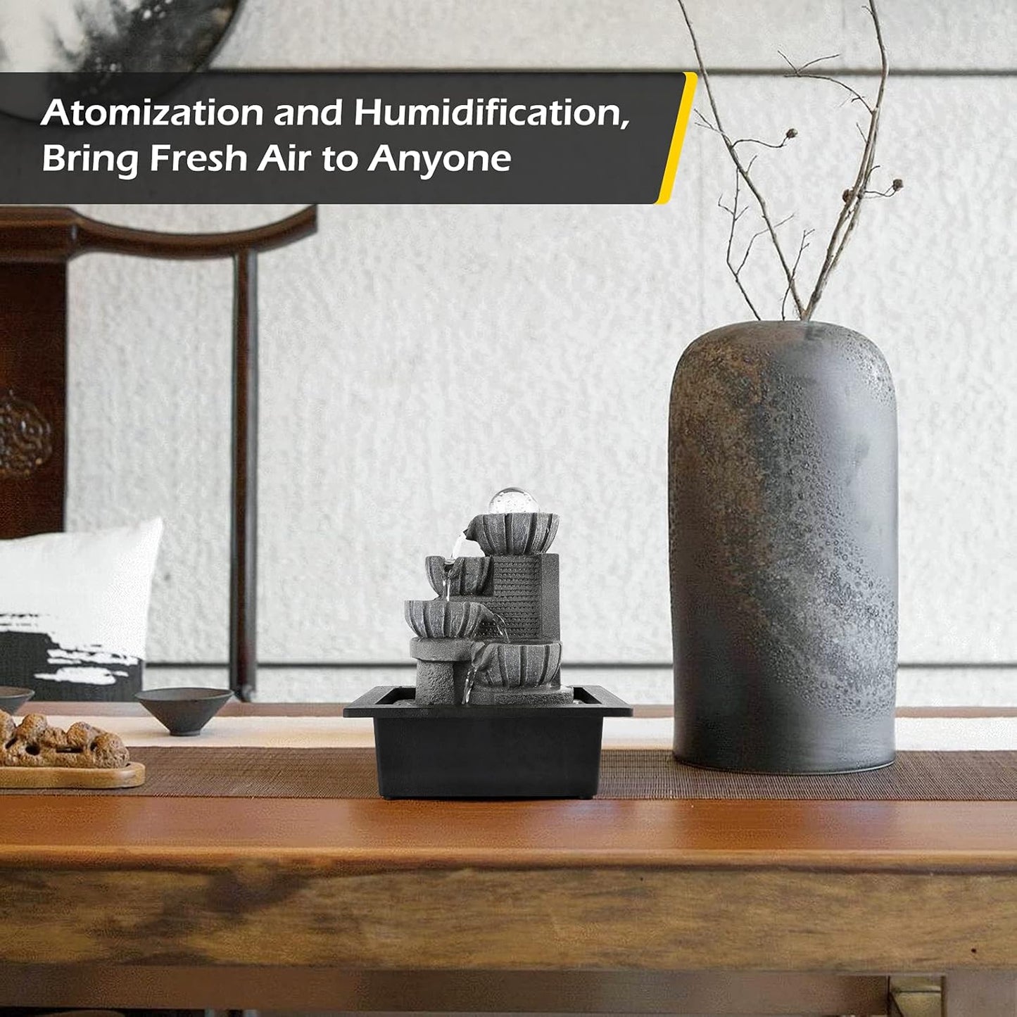 Dyna-Living Water Fountains Indoor Tabletop Water Fountain with LED Rolling Ball Feng Shui Waterfall Fountain for Modern Home Decor Office Living Room Decoration